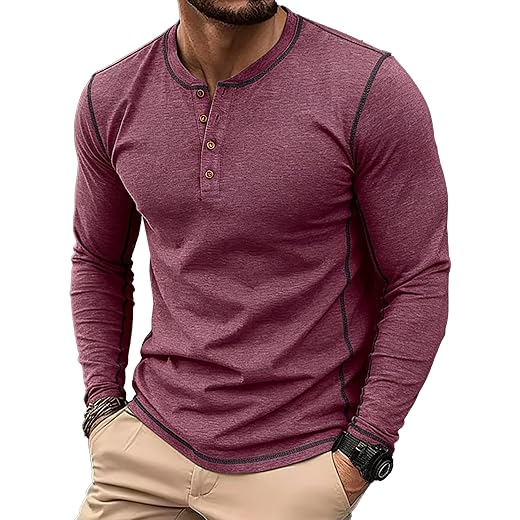 PEGENO Camiseta masculina fashion Henley manga curta casual com costura contrastante