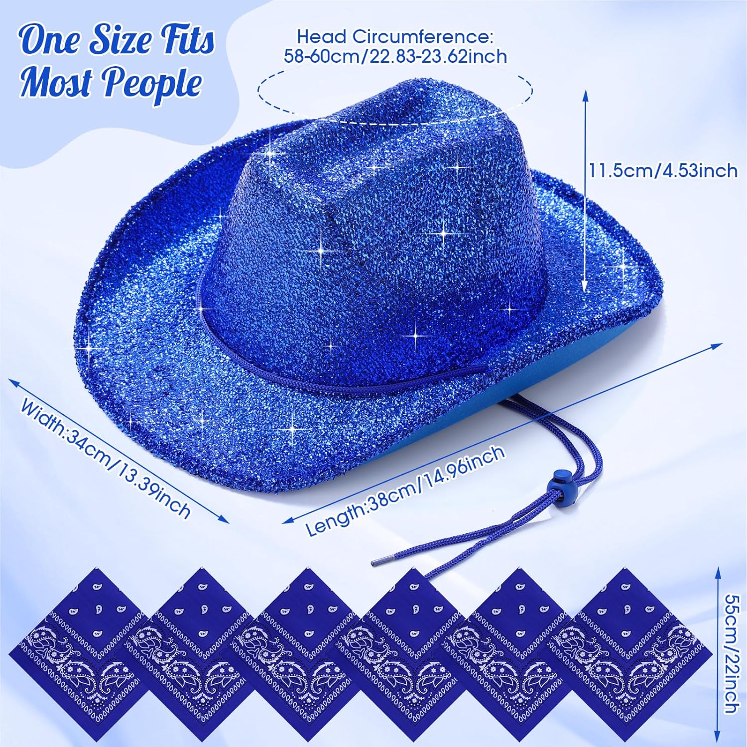 Coume 12 Pcs Sparkly Adults Cowboy Hat and Bandanas Women Men Western Glitter Cowgirl Party Hats with Adjustable Drawstring - Image 3