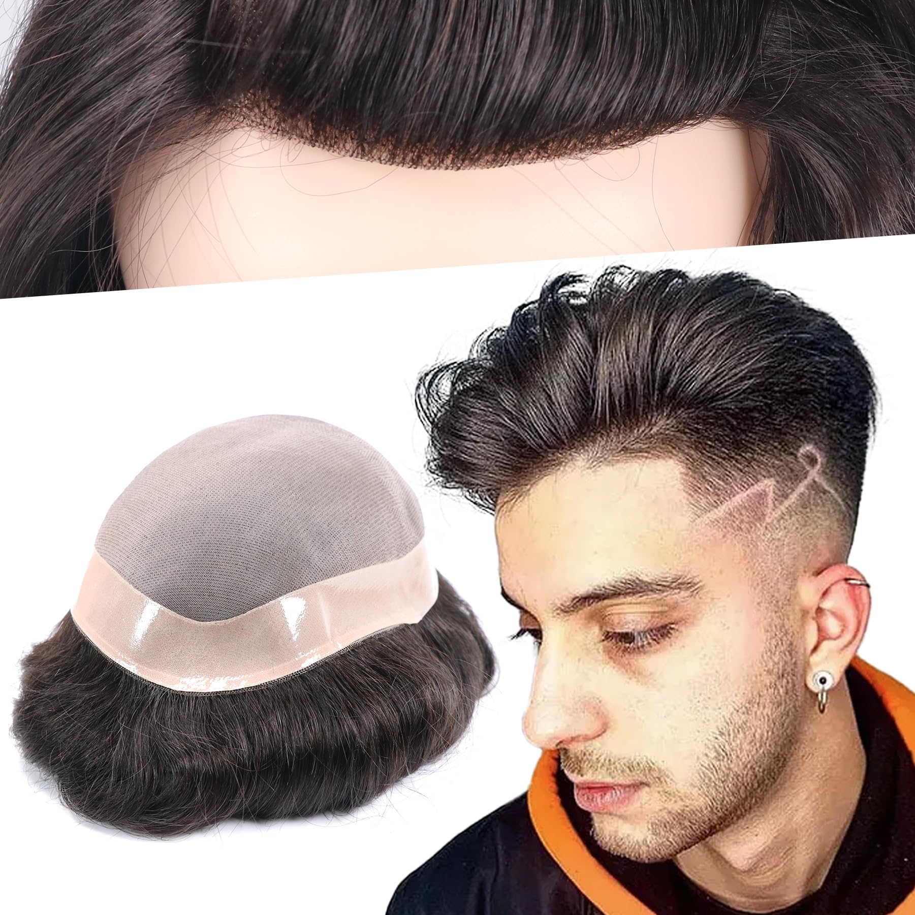 Hair Pieces and Wigs Human Hair Men Toupee Mono Lace With Npu Around Lace Systems Size 7x9 Inch 6''Length 1B โฆ