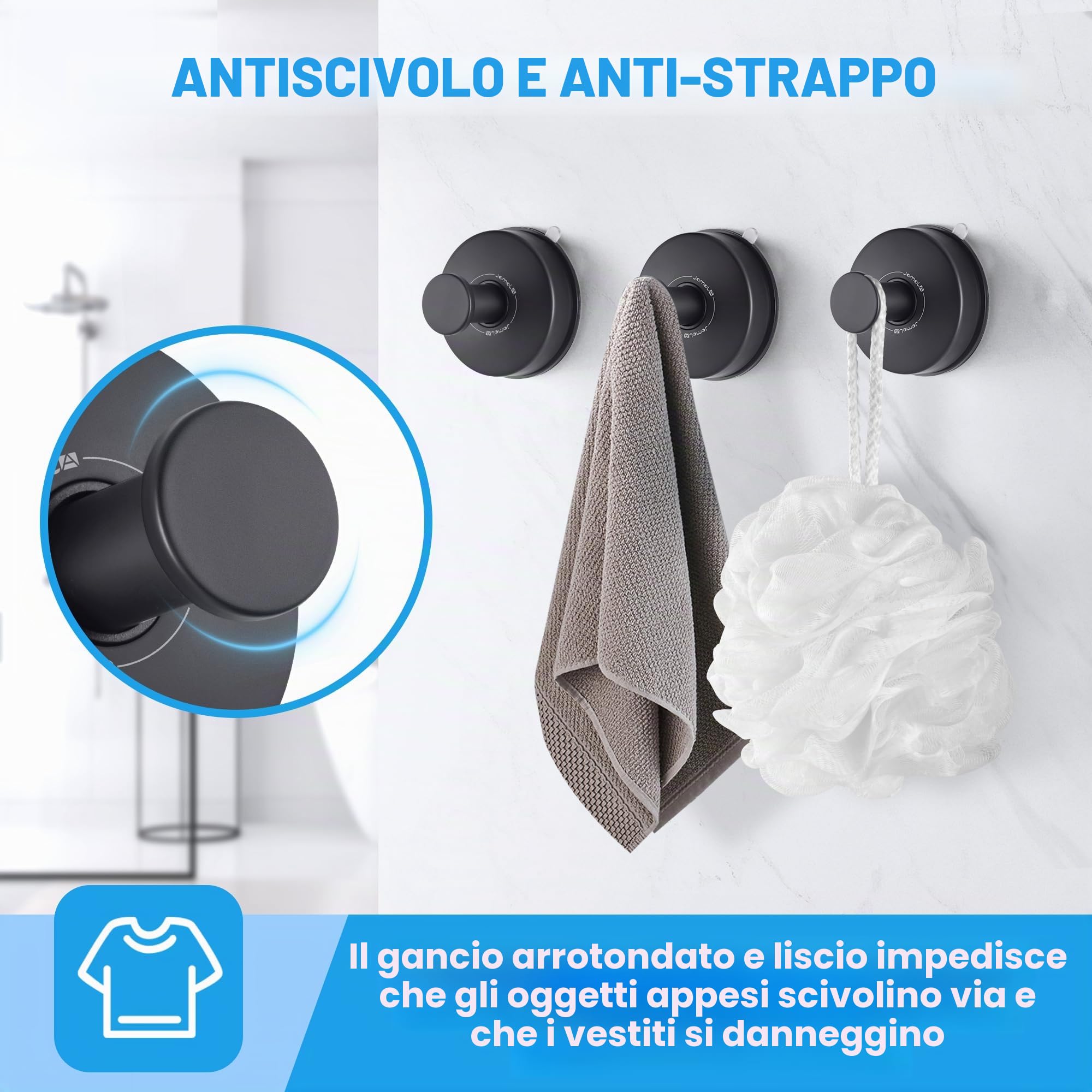 JOMOLA Ganci Ventosa Appendi Accappatoio Bagno Appendi Strofinacci Cucina Appendi Abiti per Muro in Acciaio Inox Porta Asciugamani Bagno Resistenti Gancio Accappatoio Doccia, Nero Opaco, 2 Pezzi
