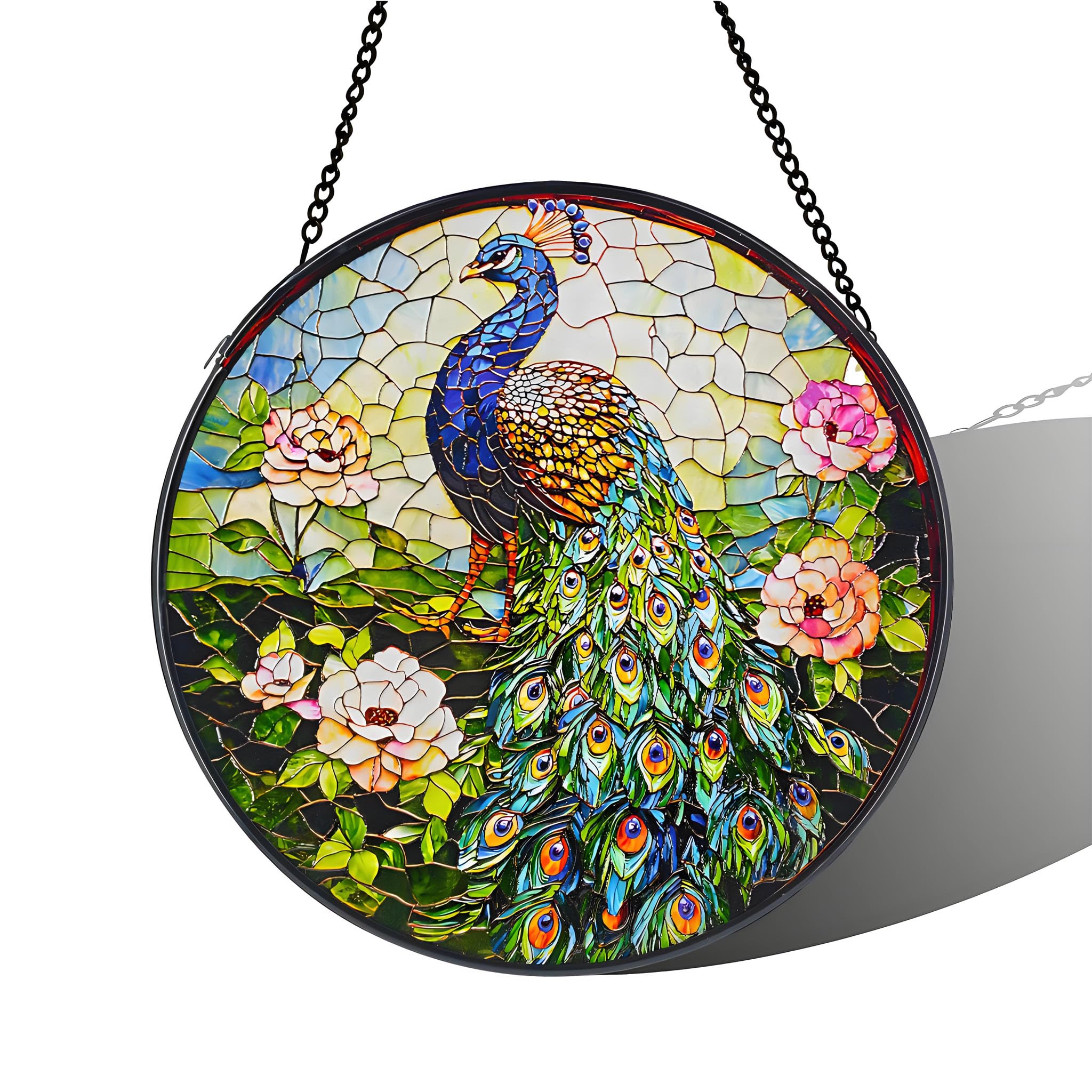 Stained Acrylic Puzzle Suncatcher,7.48in Peacock Whimsical Patio Lawn Hanging Ornament