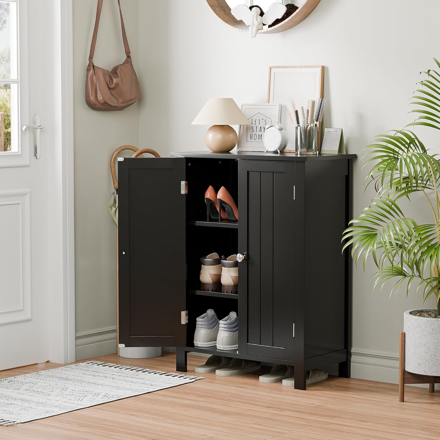 ZENY Bathroom Floor Storage Cabinet with Double Door + Adjustable Shelf, Wooden Organizer Cabinet for Living Room, Bathroom, Bedroom, Modern Home Furniture (Black)