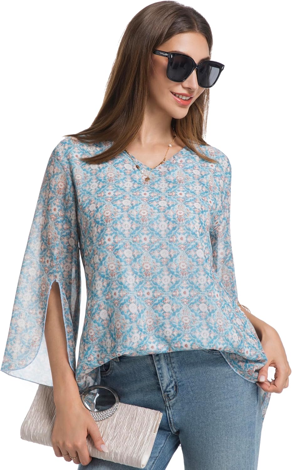 Women 3/4 Bell Sleeve Chiffon Floral V Neck Tunic Tops Double Layered Boho Mesh Loose Fit Dressy Casual Shirts - Image 5