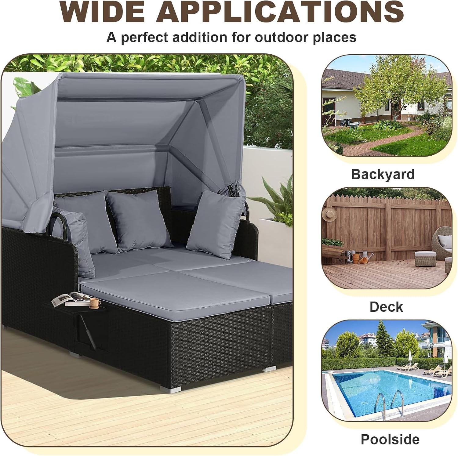 HunnmingRe 8 Pcs Outdoor Daybed Cushion Cover and Pillow Covers Sets Replacement 59 x 24 Inch Rattan Sunbed Cushion for Patio Sun Lounge Chair Loveseat Sofa(Dark Gray)