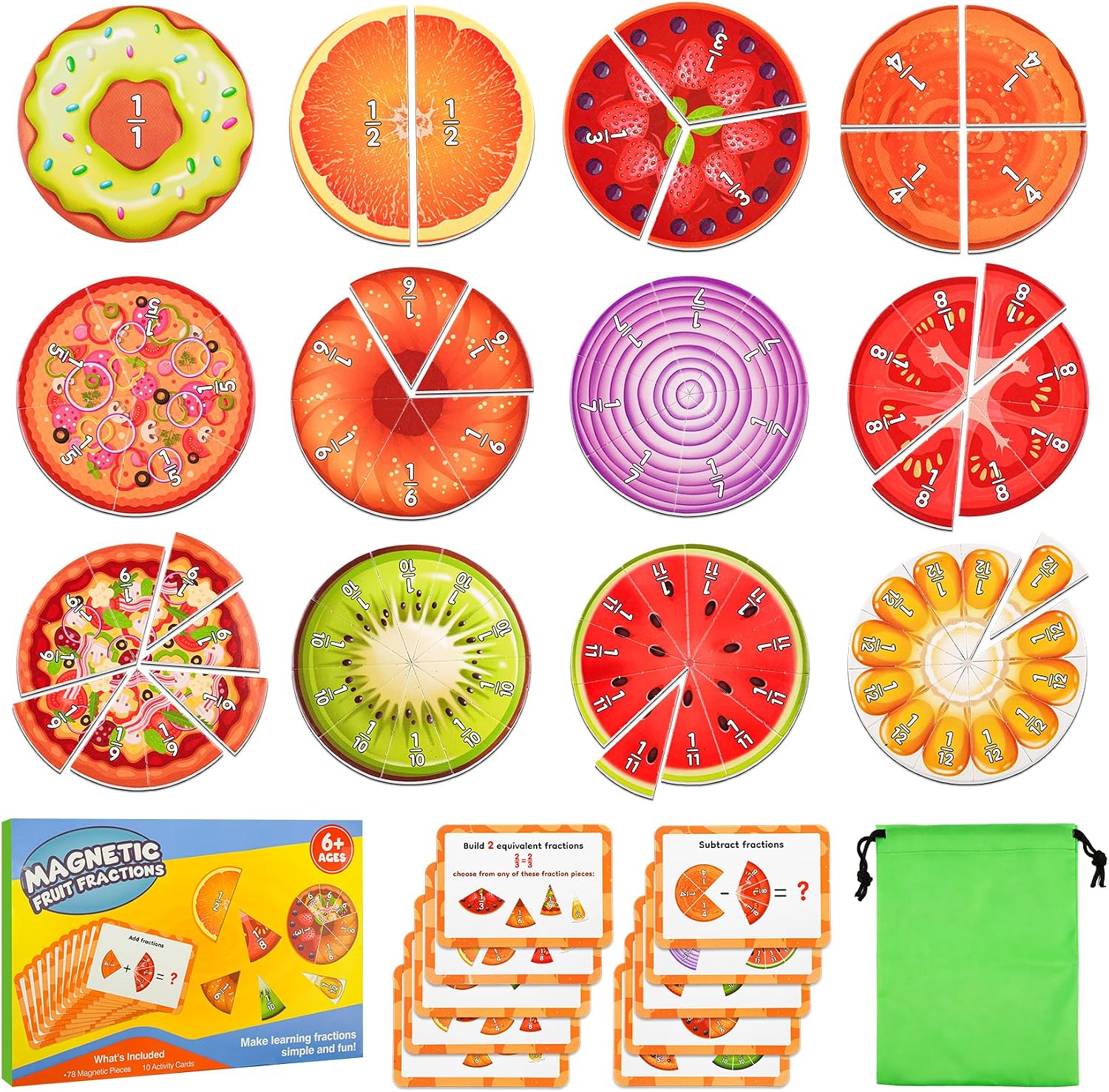 Magnetic Fraction Tiles & Circles Set, Math Manipulatives for Kids Grades 2–5, Visual Fraction Learning Bars for Classroom Whiteboard, Homeschool STEM Teaching Kit