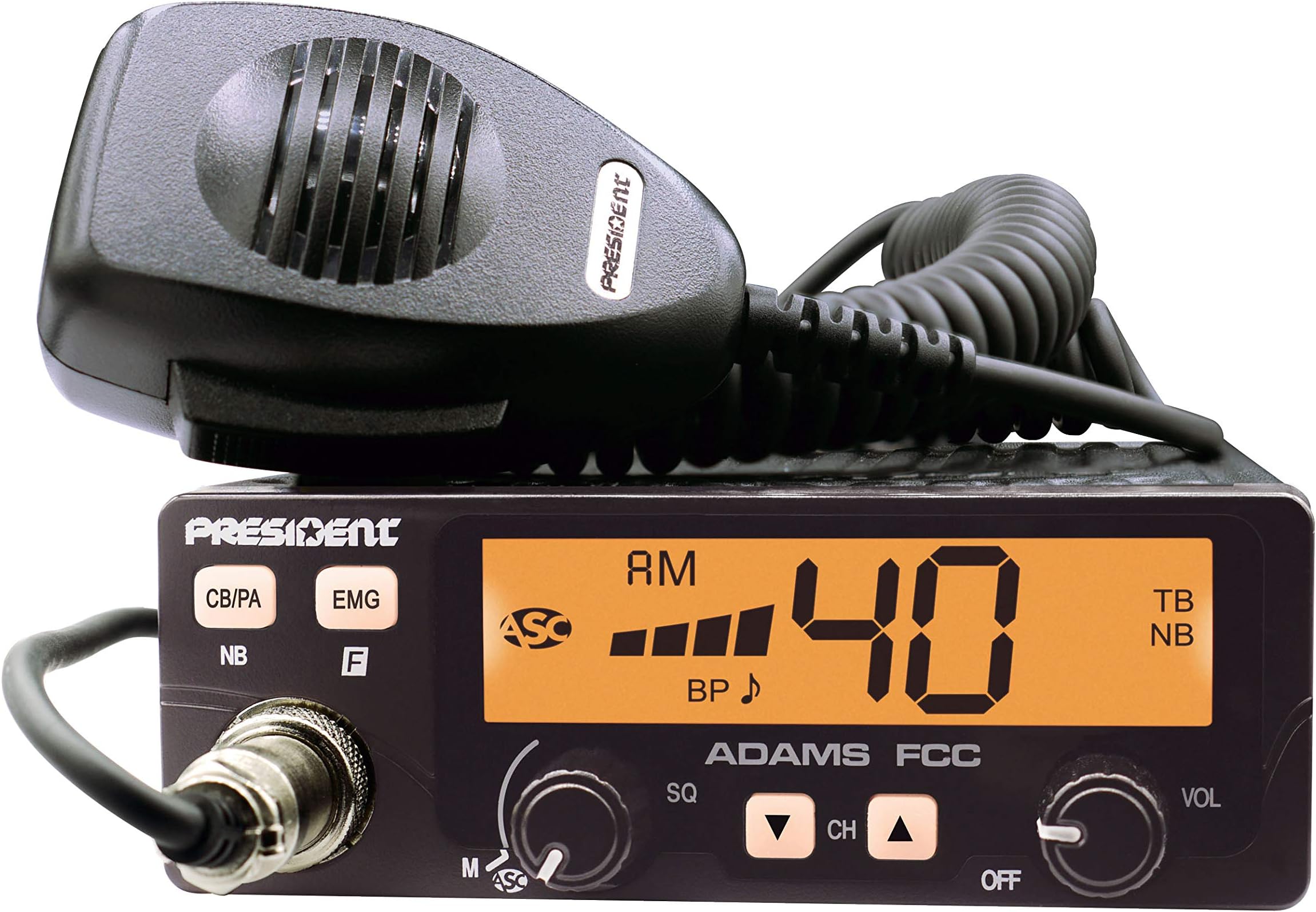 President Adams FCC CB Radio. Large LCD with 7 Colors, Programmable EMG Channel Shortcuts, Roger Beep and Key Beep, Electret or Dynamic Mic, ASC and Manual Squelch, Talkback