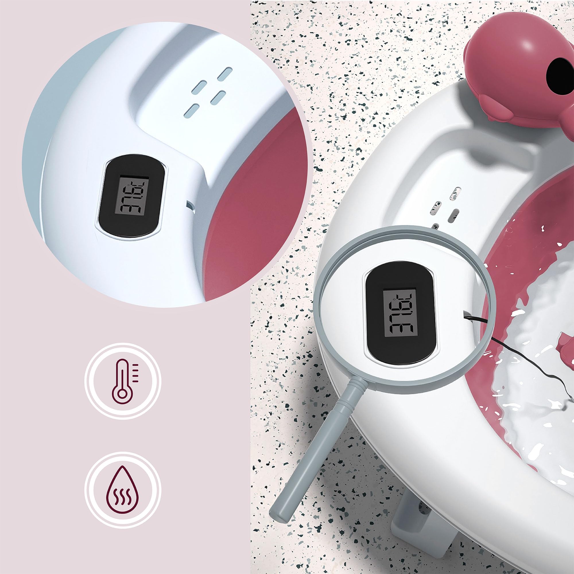 Moby-System Bañera Bebé Plegable con Termómetro LCD Incluye Inserto Soporte Alto y Bajo Vasito de Ballena – Compacta y Segura desde Recién Nacido – Rosa Empolvado