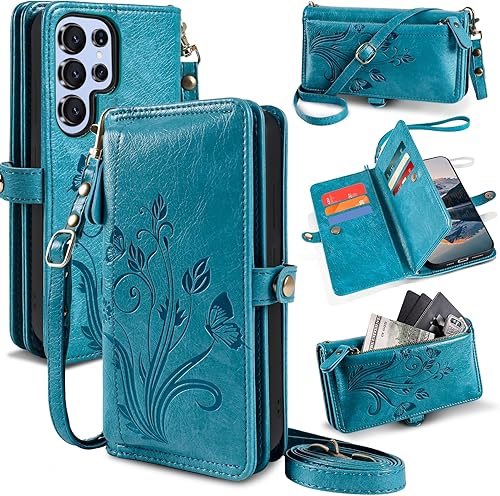 Lacass Crossbody Wallet Case for Galaxy S24 Ultra,Cards Theft Scan Protection Card Holder Zipper Flip Leather Cover Wrist Strap Stand for Samsung