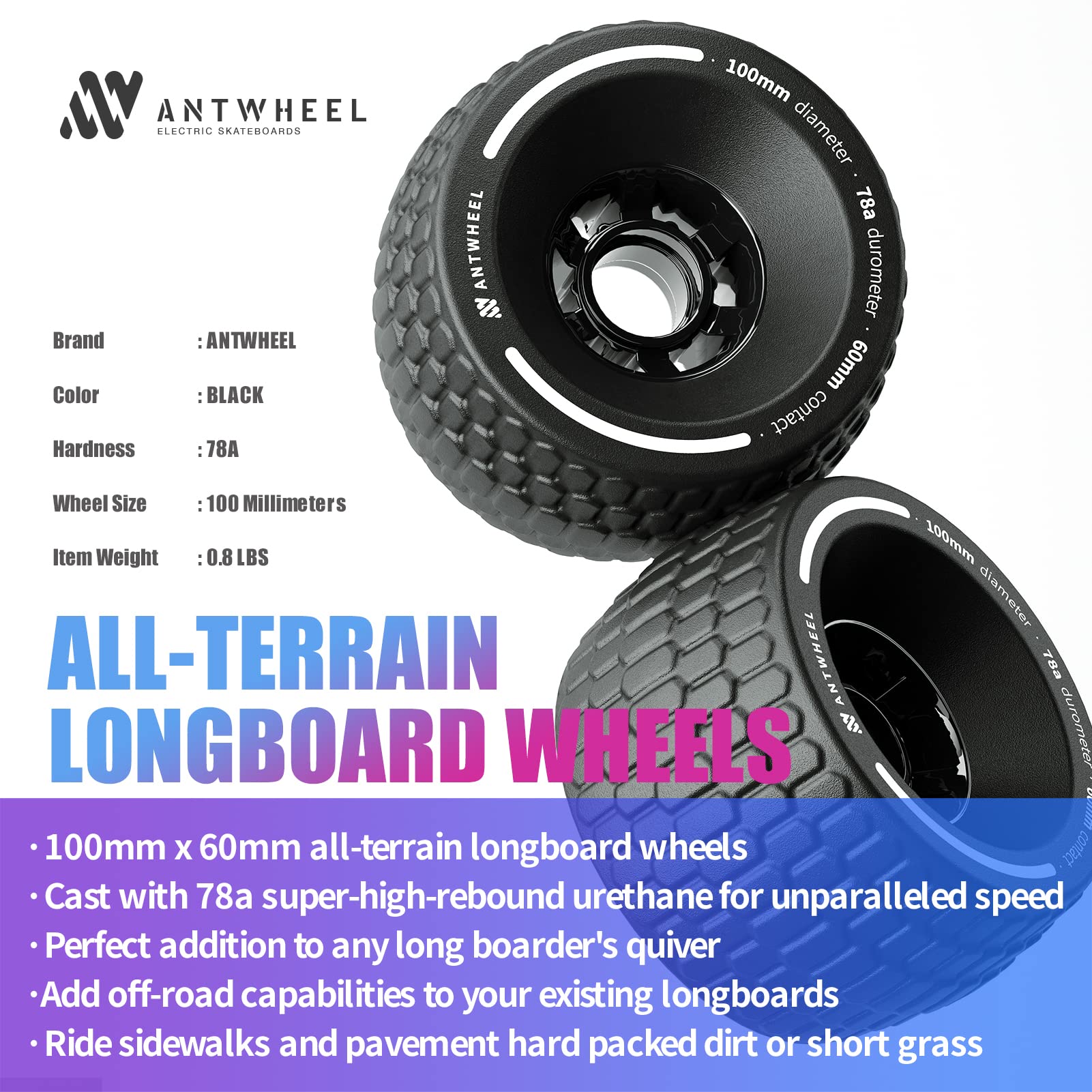 Ruedas de longboard todo terreno de 100 mm, ruedas para monopatín eléctrico de uretano de alto rebote 78A