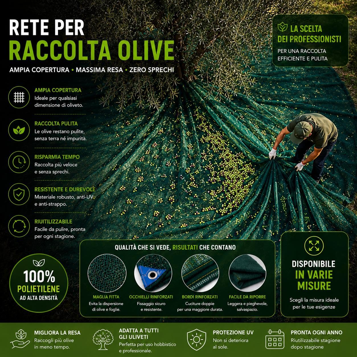 Rete Telo Raccolta Olive PINTO FERRAMENTA Telone Pesante 90 gr/mq con Occhielli e Bordi Rinforzati in Omaggio Occhiali Guanti e Rastrello per Raccolta Noci Mandorle Frutta Secca con apertura (8x8)