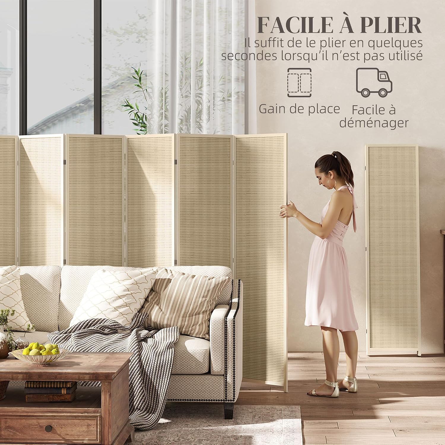 HOMCOM Paravent Interieur en Bois 6 Panneaux 270 x 180 cm Bois Naturel | Séparateur de Pièce Pliable, Cloison de Séparation, pour Salon, Chambre à Coucher, Maison — vue 6