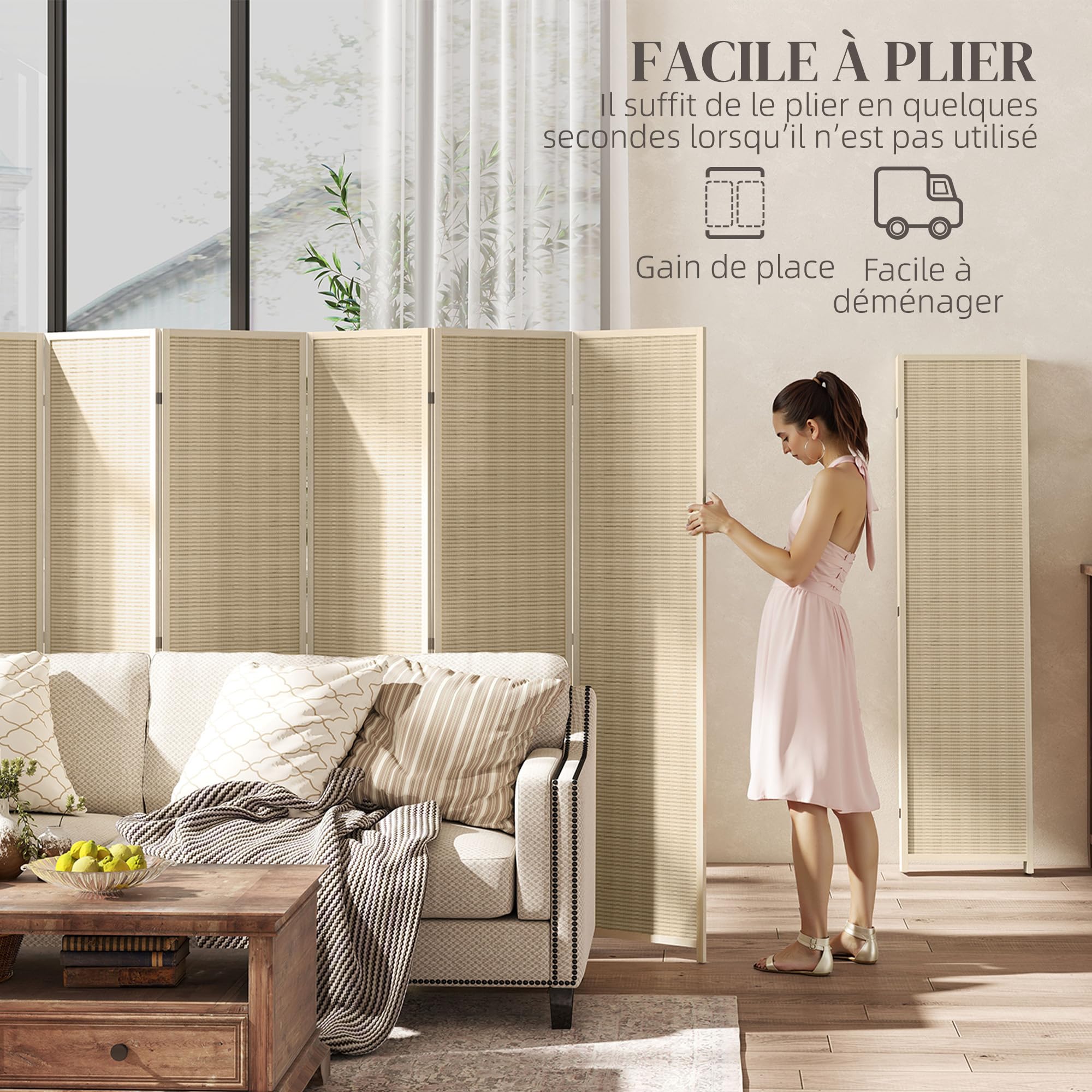 HOMCOM Paravento da Interno a 6 Ante Pieghevole Colore Naturale | Altezza 180cm, in Legno e Bambù, Separé Divisorio Ambienti Salvaspazio, Stile Boho