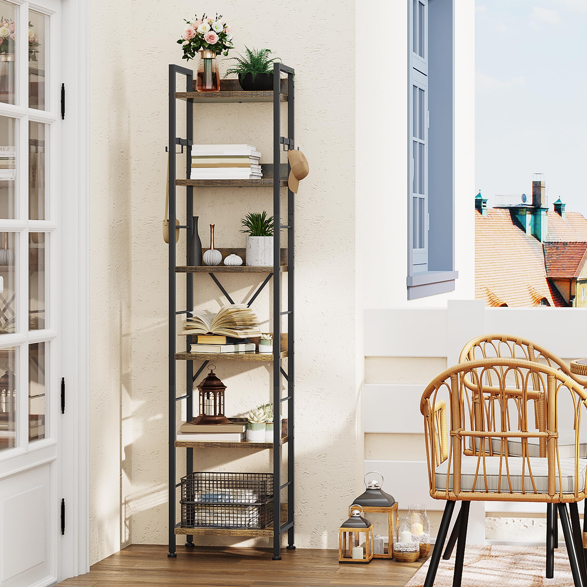 YITAHOME Libreria a 6 Ripiani, Scaffale da Pavimento con 4 Ganci, Ripiano in Legno e Struttura in Metallo Scaffale per Libri Industriale Scaffale Alto per Soggiorno, Ufficio in Casa, Marrone Rustico