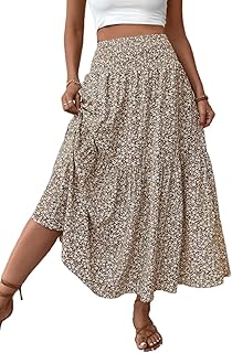 PRSFPN Women's Boho Maxi Skirt Floral Printed Smocked High Waist Long Skirts with Pockets Flowy Ruffle A-Line Summer Beach