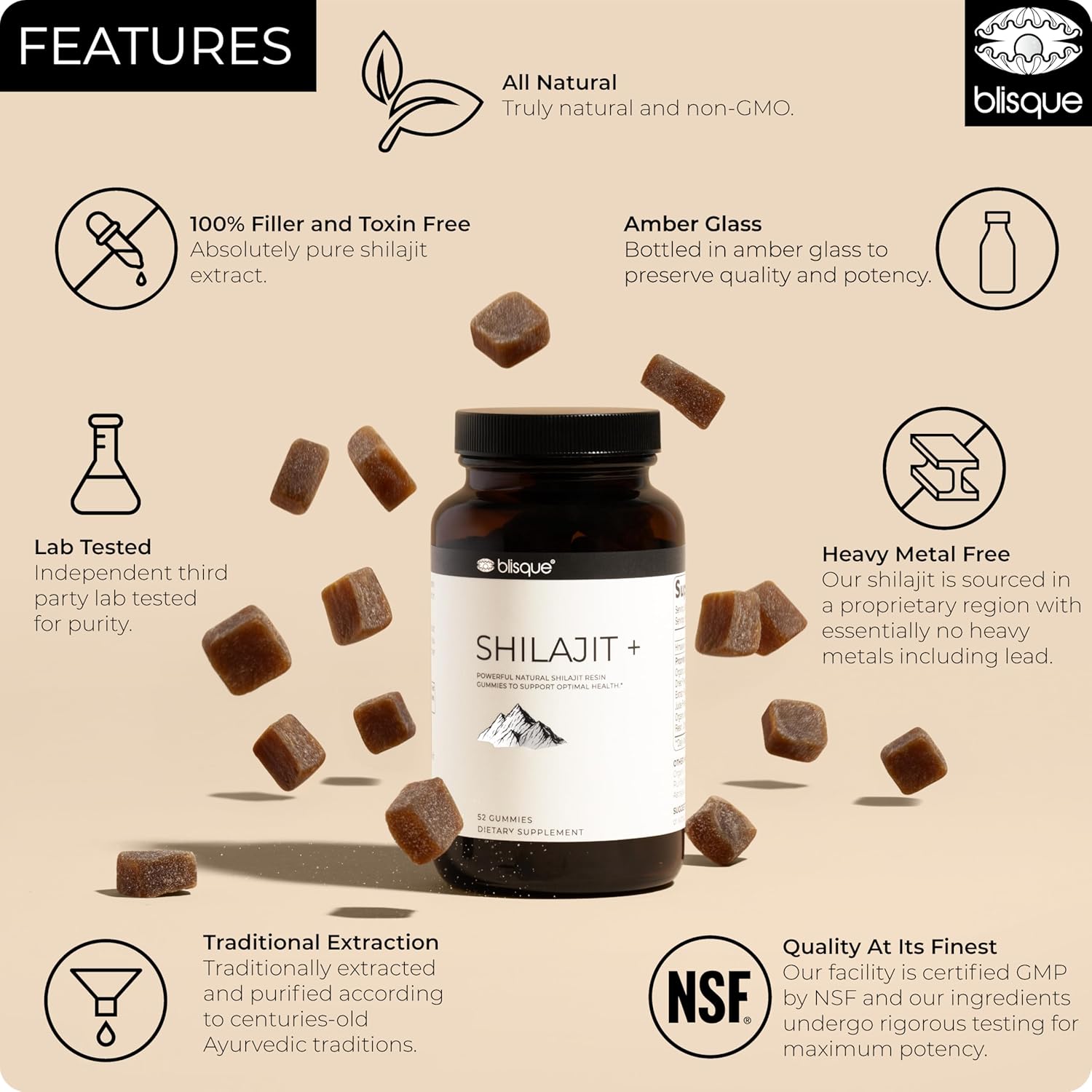 Blisque – Pure Himalayan Organic Shilajit Resin Gummies Supplement | Contains Fulvic Acid and Trace Minerals | Authentic and Natural | 52 Gummies