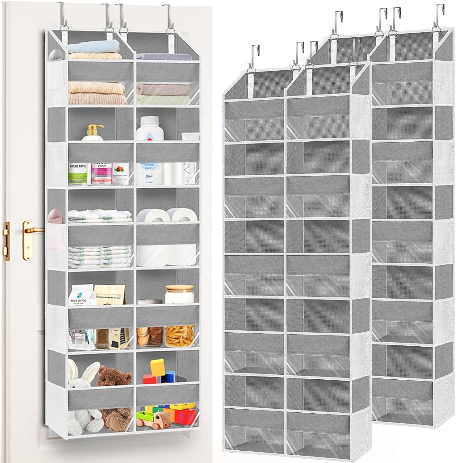2 Pack Over The Door Organizer 5 Tiers, Extra Large Behind Door Storage of 10 Compartments, 80 lbs Weight Capacity Over Door Organizer, Door Hanging Organizer for Closet, Diaper Organizer, Light Gray