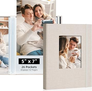 5x7 Photo Album Holds 52 Photos with Front Window Beige | slip in fabric cover scrapbook, 26 pockets, baby wedding travel memory book, picture album