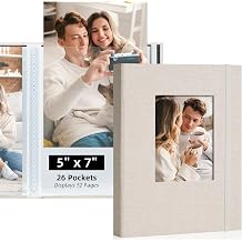 5x7 Photo Album, Slip In Fabric Cover Scrapbook with Front Window, Holds 52 Photos 26 Pockets, for Baby, Wedding, Travel, Beige