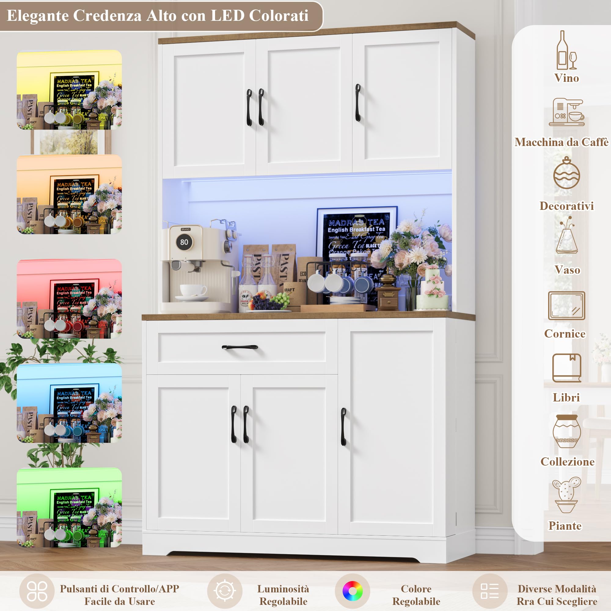FirFurd 180.5 cm Mobile Cucina, Credenza Cucina Alta con Presa Integrata e Luce LED, Credenza con Porta Spezie, Ripiani Regolabili, Ampio Piano di Lavoro, 100.2x38.6x180.5 cm, Bianco