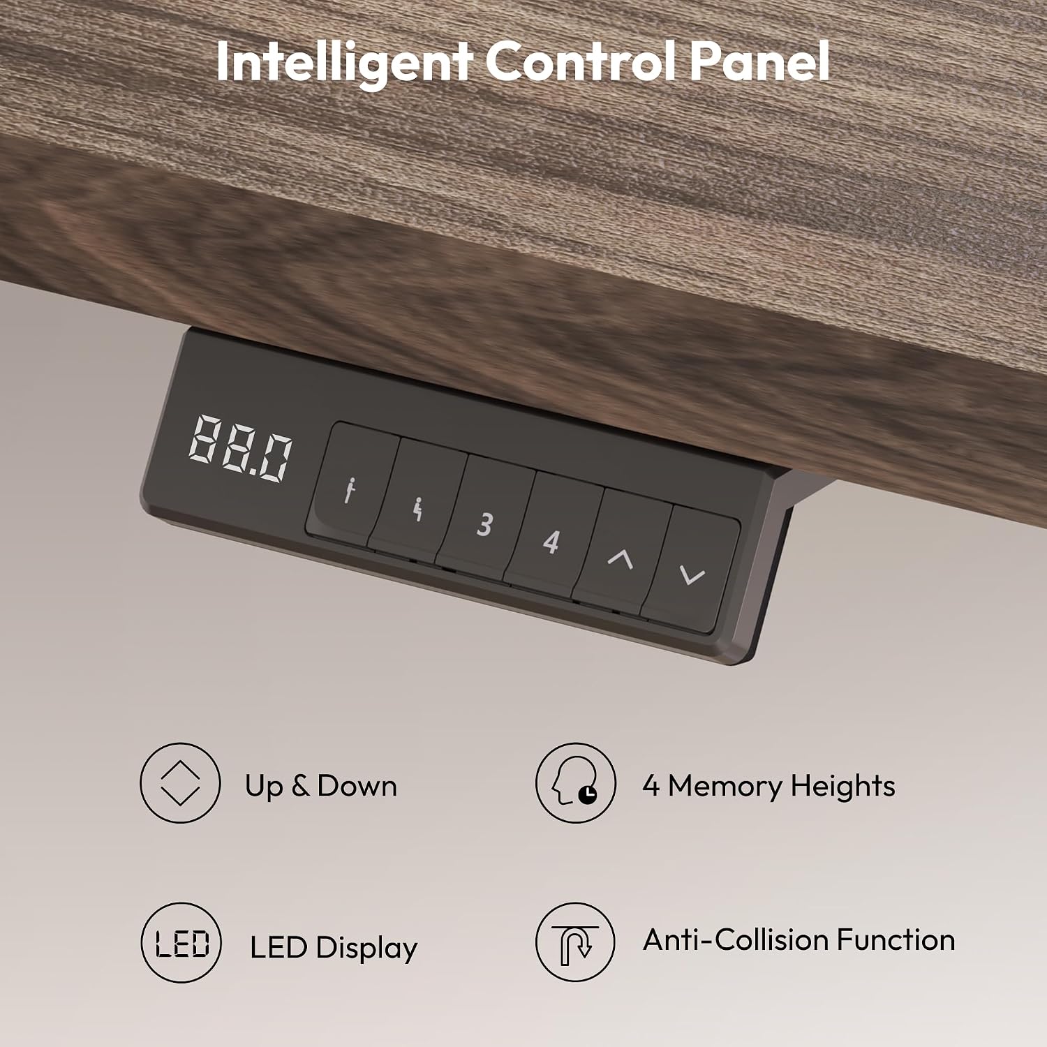 Close-up of the intelligent control panel with LED display and buttons for up, down, and memory presets 1, 2, 3, 4
