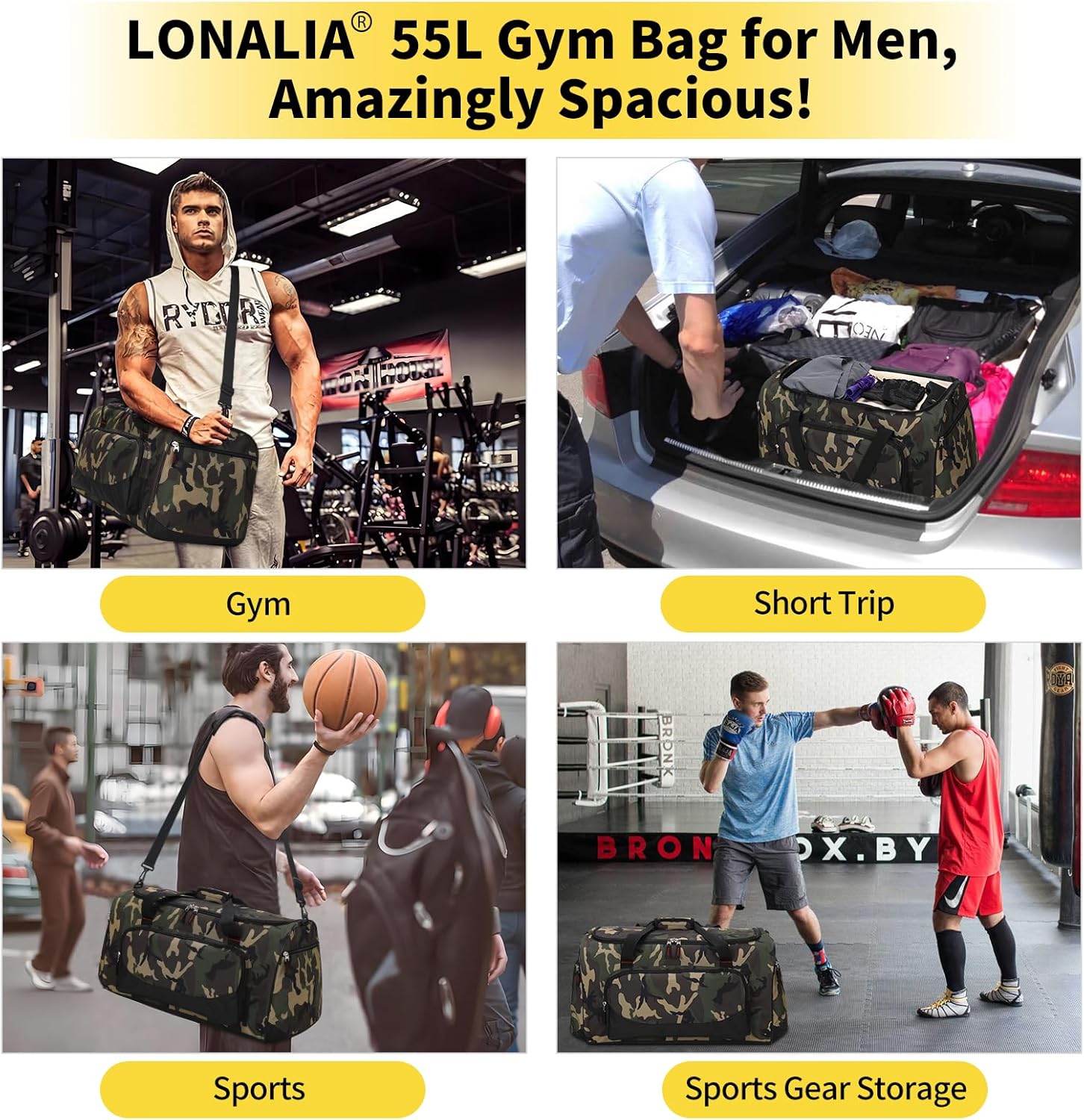 55L Large Sports Duffle Bag for Men - 22 inch Men's Gym Bag Heavy Duty Duffel Bag (Camo) - Image 5