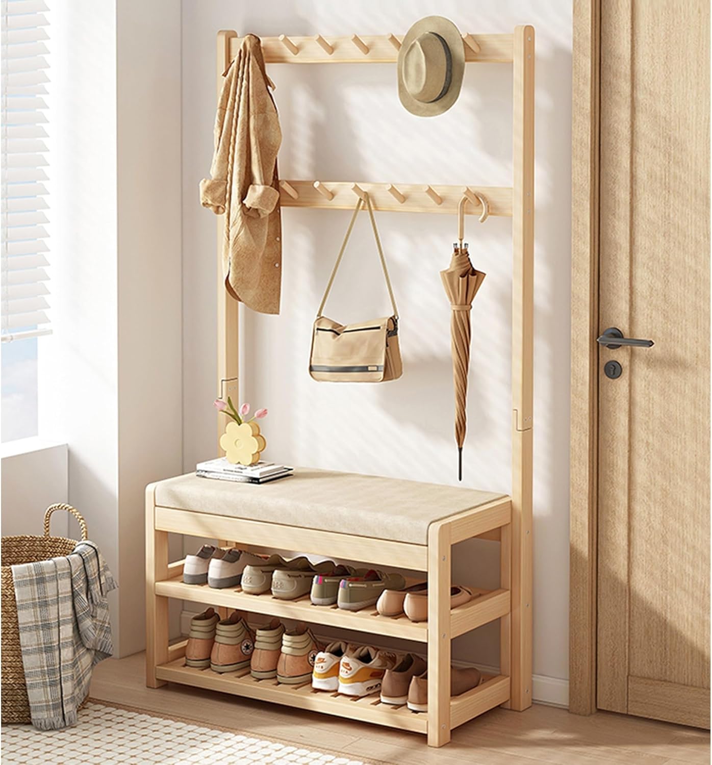 olid Wood Entryway Hall Tree with Bench and Shoe Storage Coat Rack with 2 Tier Shelves & Hooks for Bedroom and Hallway