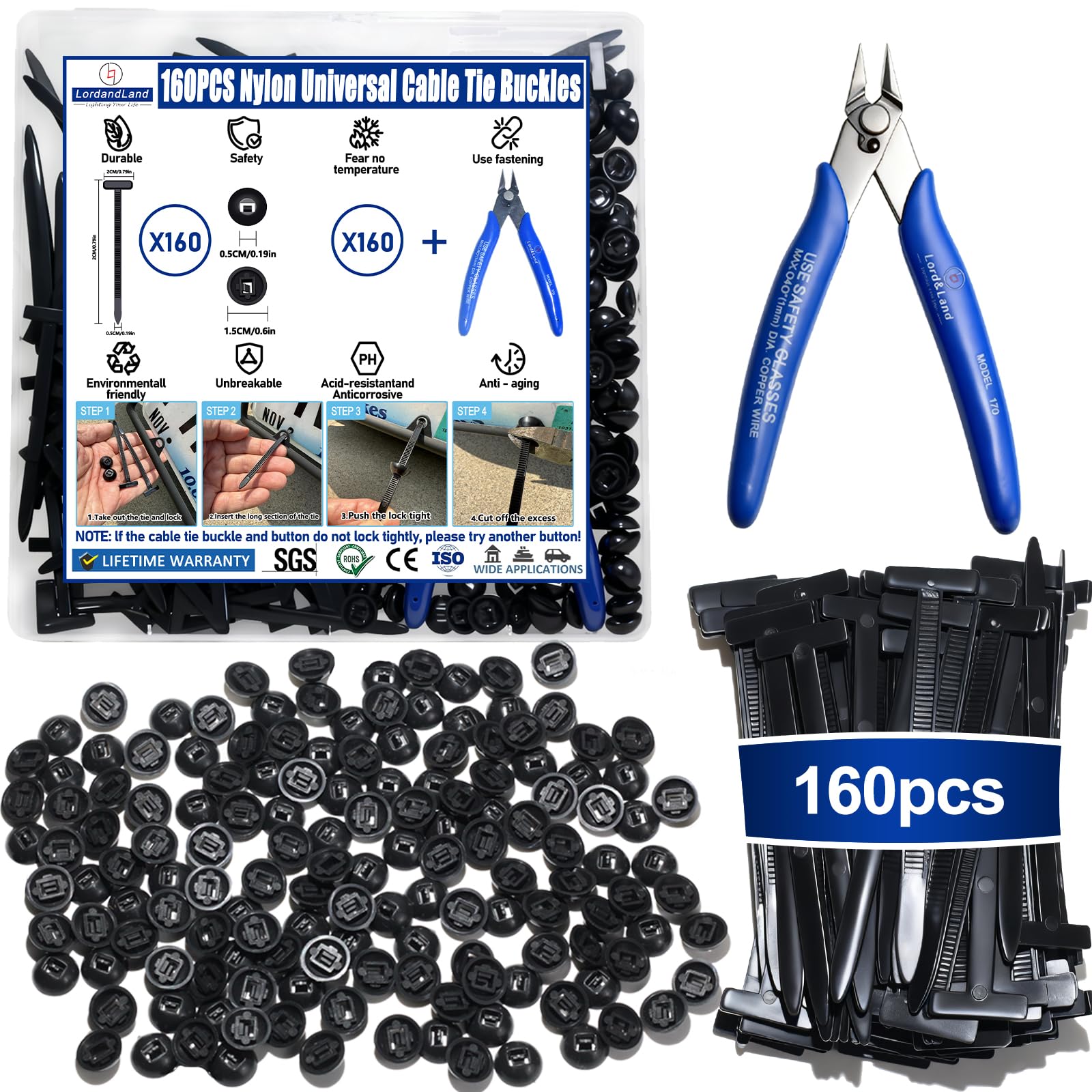 160Pcs Upgraded Nylon Universal Cable Tie Buckle Automotive Zipper Clips Plastic Rivet Grip Zip Ties Push Pin Clip
