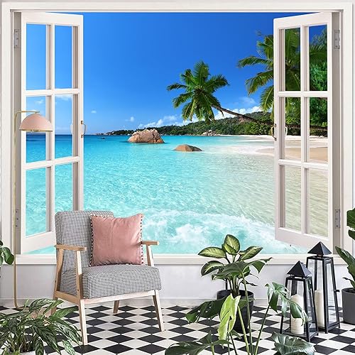 Miniatura 3 de Leeisysme Tapiz de paisaje de playa, océano tropical, isla de mar y palmera, tapiz para sala de estar, ventana de verano, para colgar en la pared,