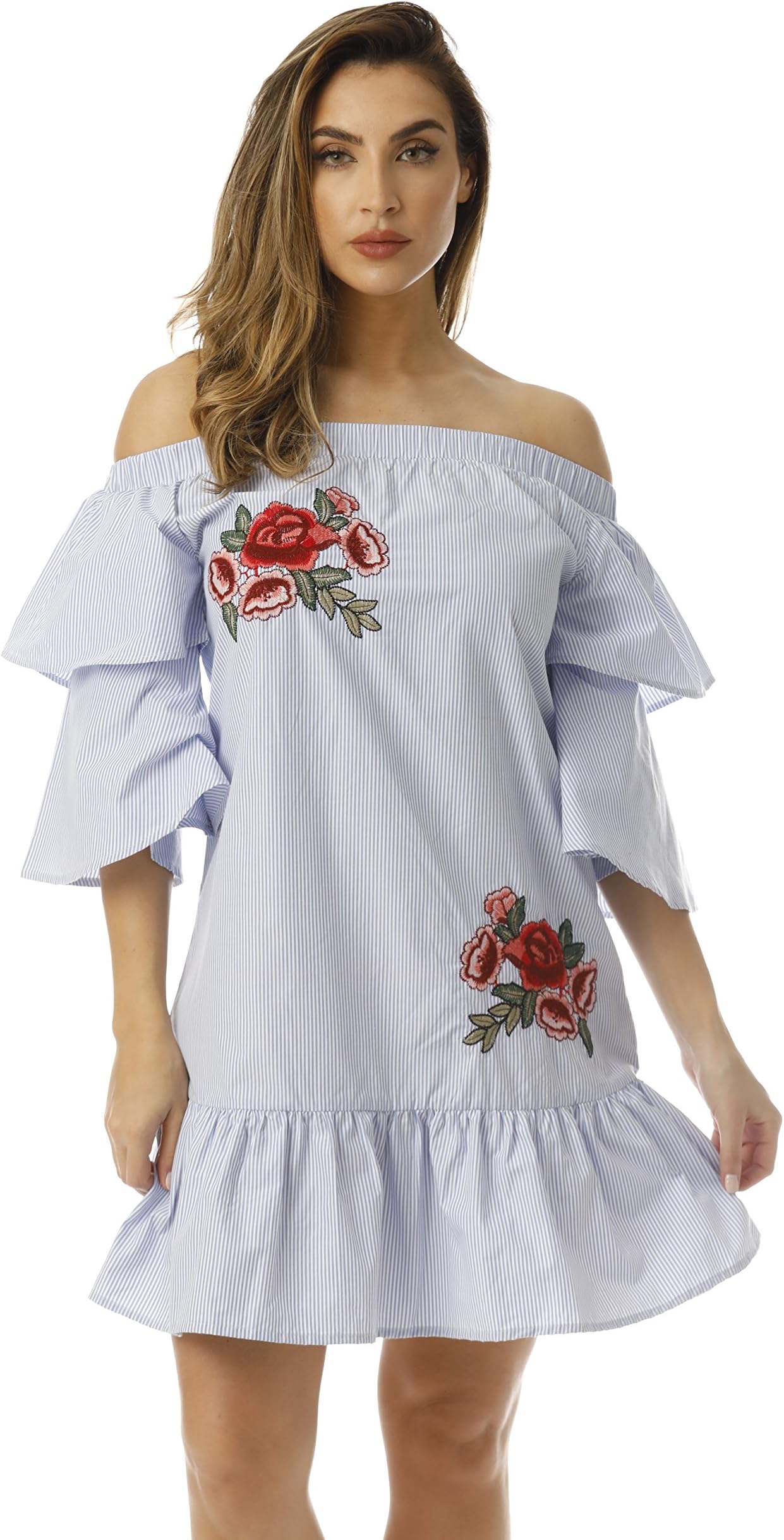 Cocoom Off Shoulder Bell Sleeve Summer Dress with Floral Embroidery