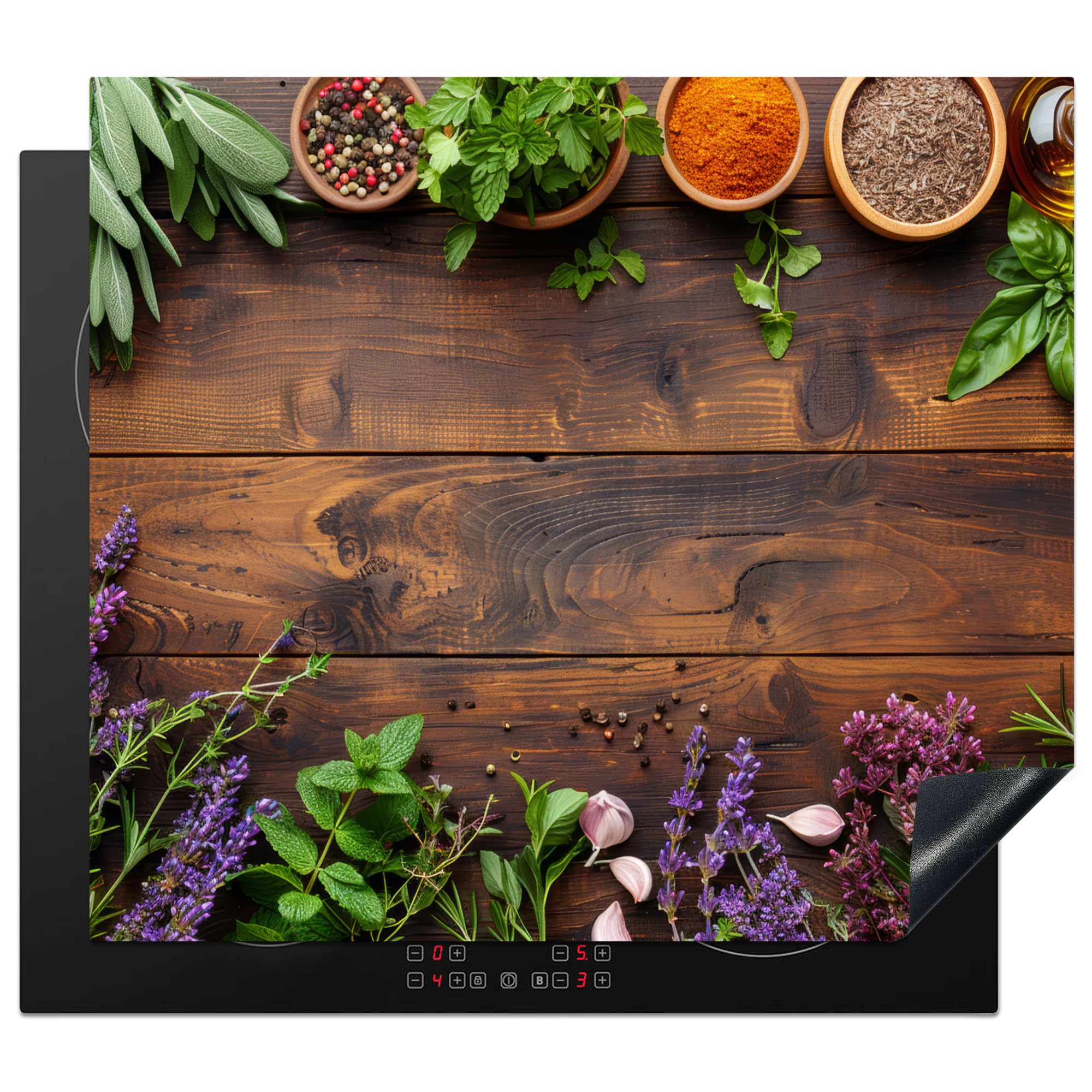 KitchenYeah© Induction Hob Protector Mat 20.2"x22.9" / 58.3x51.3 cm Stove Cap Top Cover Kitchen Cooker Covers for Electric Hobs Vinyl Lavender - Flowers - Herbs - Spices - Wood Print