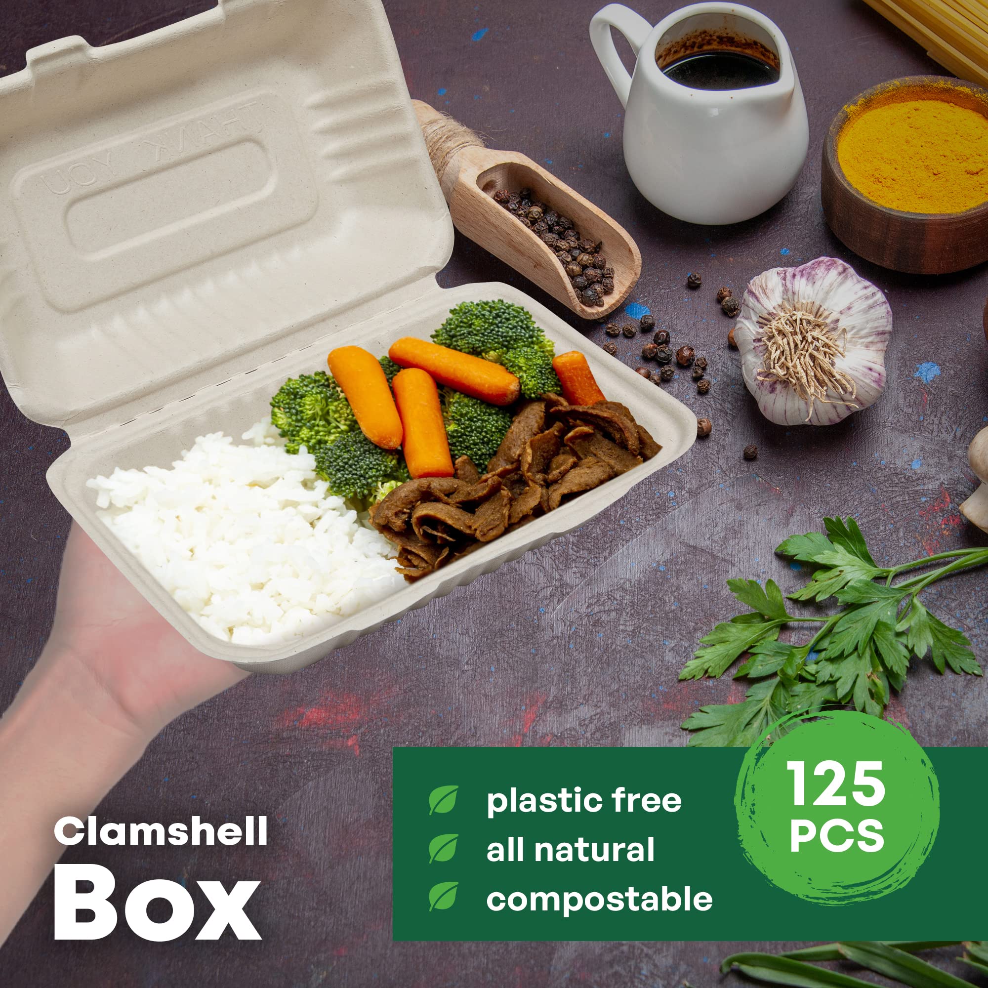 Contenitore per alimenti a conchiglia,Super forte,Bagassa di canna da zucchero non sbiancata,Componibile, biodegradabile, ecologico,scomparto singolo (125, 22.9x15.2 cm [23x16 cm ])