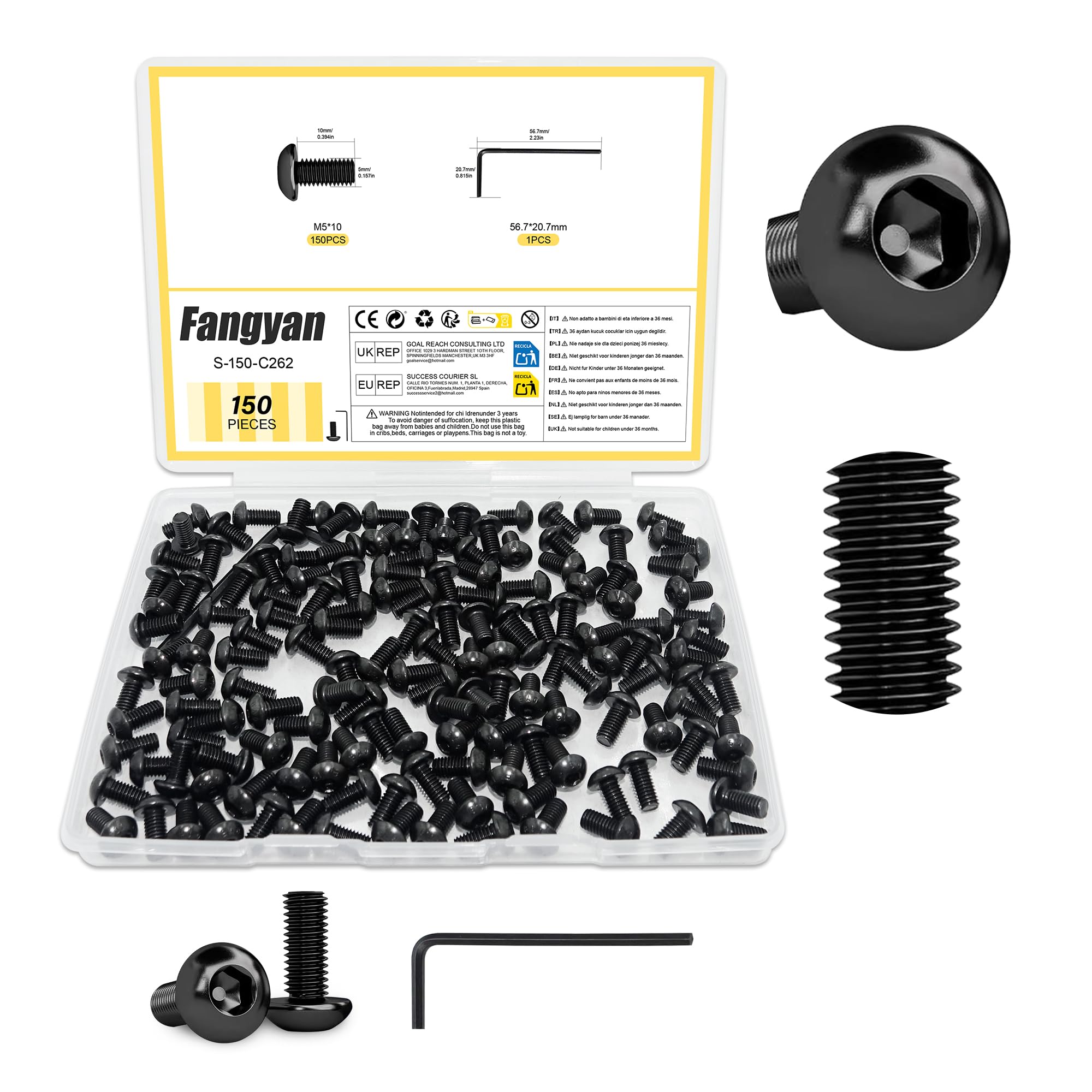 Fangyan 150PCS M5 x 10mm Button Head Hex Socket Screws, Black Oxide Alloy Steel Allen Bolts with Hex Wrench, Full Thread Metric Machine Screws for Furniture, Machinery, DIY Projects