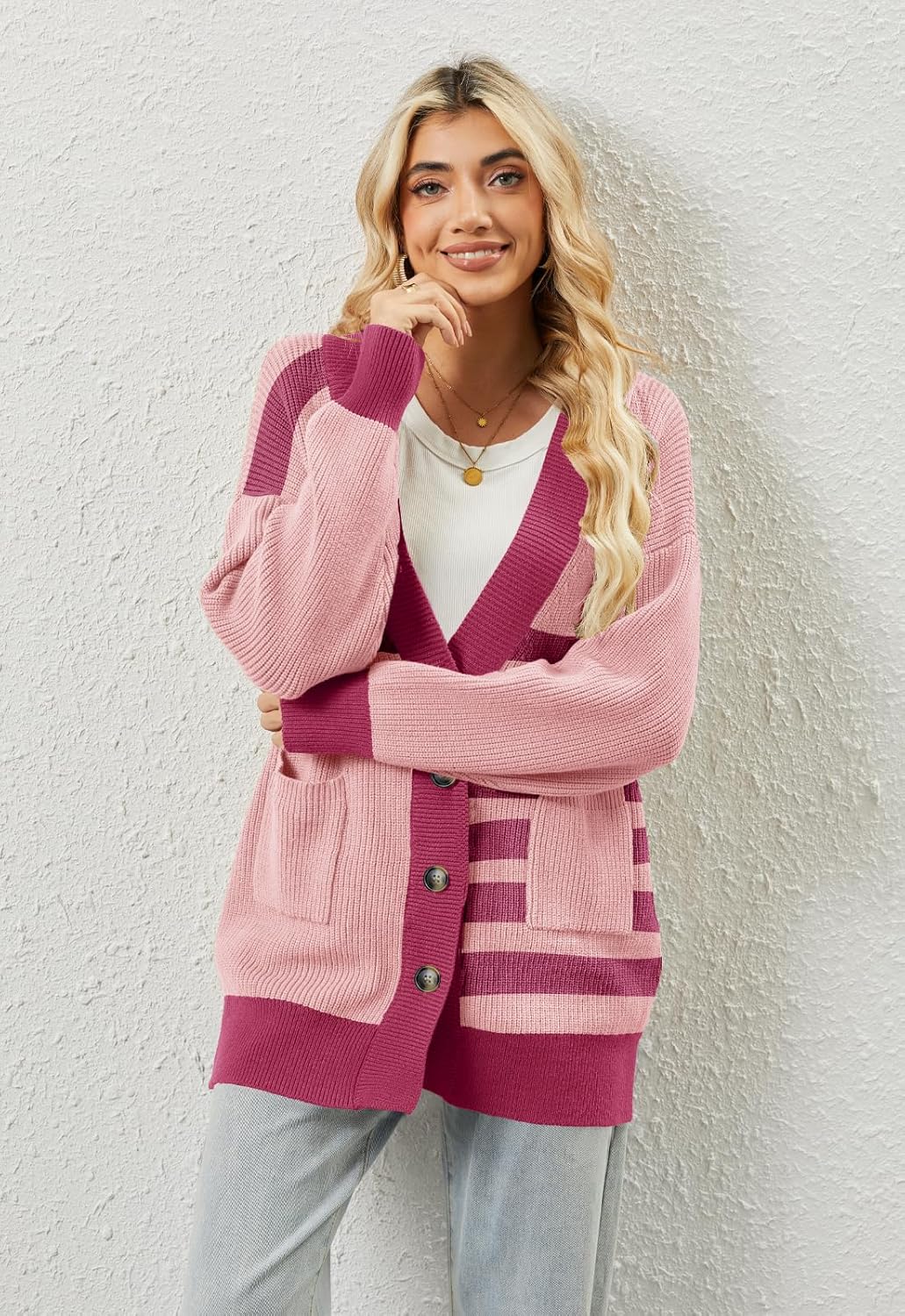 Alaster Queen Women's Striped Sweater Cardigan Fall Open Front Button Down Long Sleeve Knit Color Block Cardigan with Pockets - Image 2