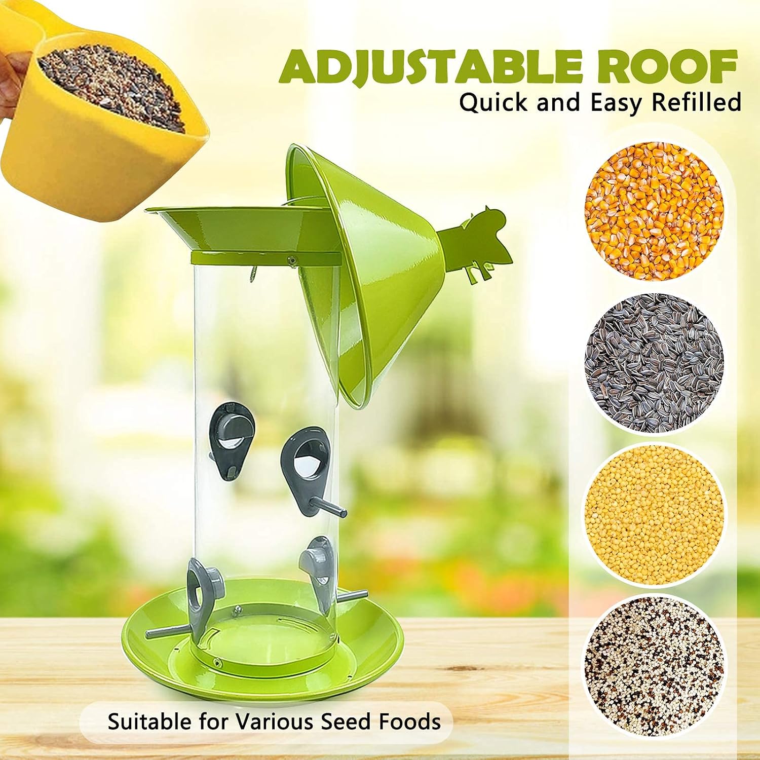 Green Bird Feeder Hanging Premium Squirrel Proof Wild Bird Feeder Polycarbonate Feed Tube Heavy Duty Metal with 4 Feeding Ports Removeable Roof&Base for Outdoor Small Bird Shelter