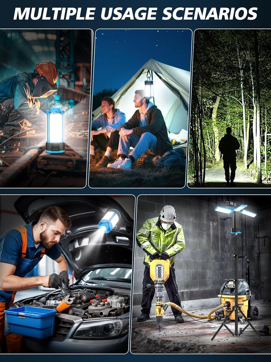 Rechargeable Camping Light with Metal Stand, Freestanding Portable Work Light with 4 LED Heads, Magnetic Work Light Waterproof for Outdoor Emergency, Flashlight with Detachable Tripod