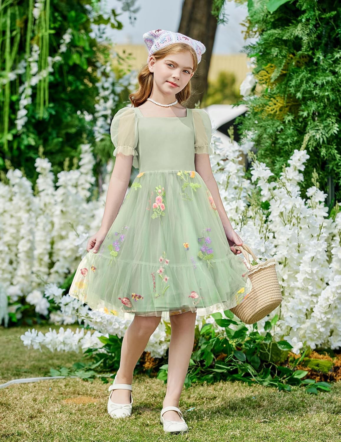 Arshiner Girls Dresses Tulle Bow Tie Back Puff Sleeve Party Holiday Spring Summer Dress for 6-16 - Image 4
