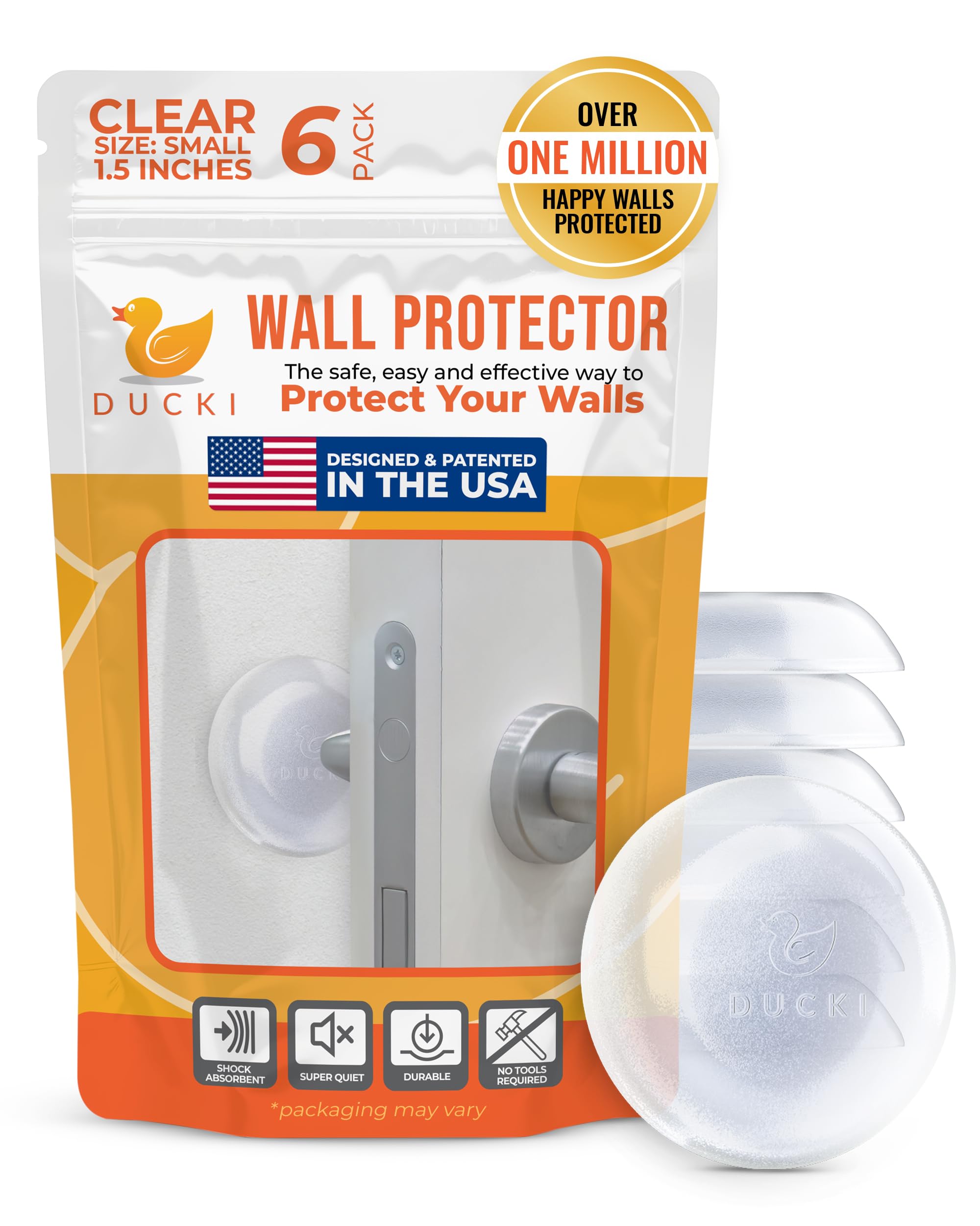 Ducki Door Stop Wall Protectors, 6 Pack Clear, Self Adhesive Reusable Solution for Stopping Wall Damage & Noise from Doors, Refrigerators, & in Your Home or Office, Durable Shock Absorbent & Discreet