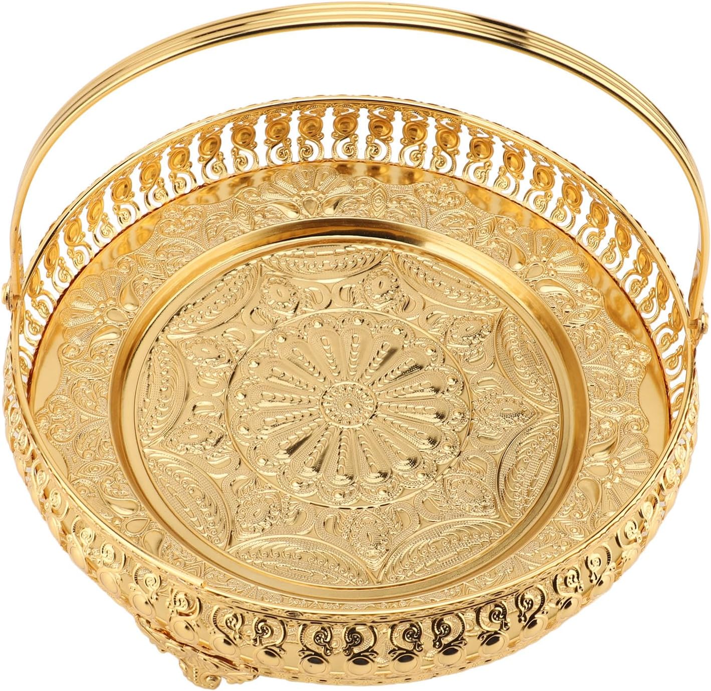 Exquisite Craftsmanship, Vintage Elegance, Alloy Design Retro Round Fruit Tray with Handle, Convenient for Party, Bar