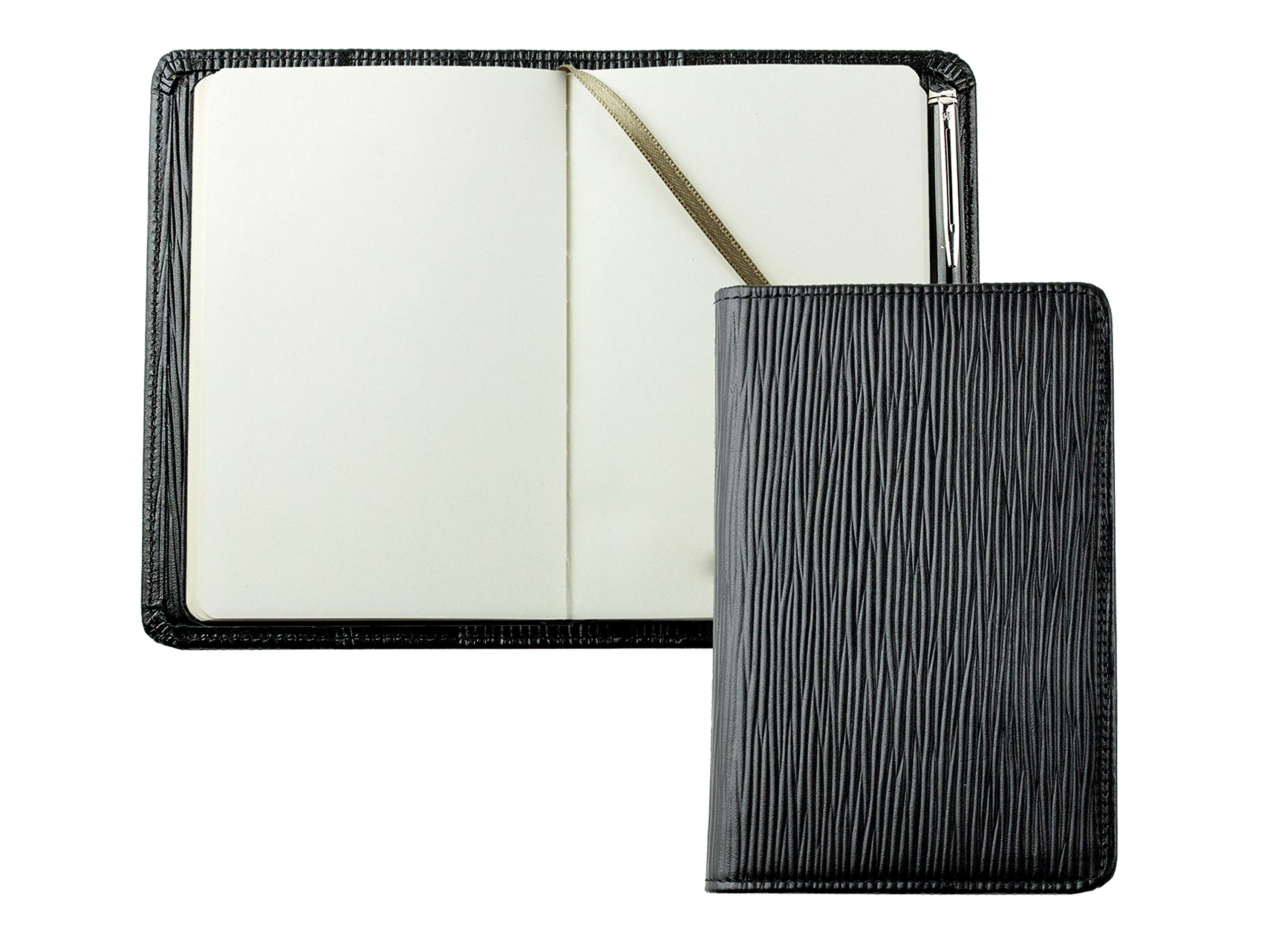 DELMON VARONE - Personalisierbares Taschen Notizbuch Etui DIN A6 Premium Leder Manhattan schwarz unliniert, Blankobuch ohne Linien im Hardcover Einband mit Stiftschlaufe, Einschubfächer und Merkband