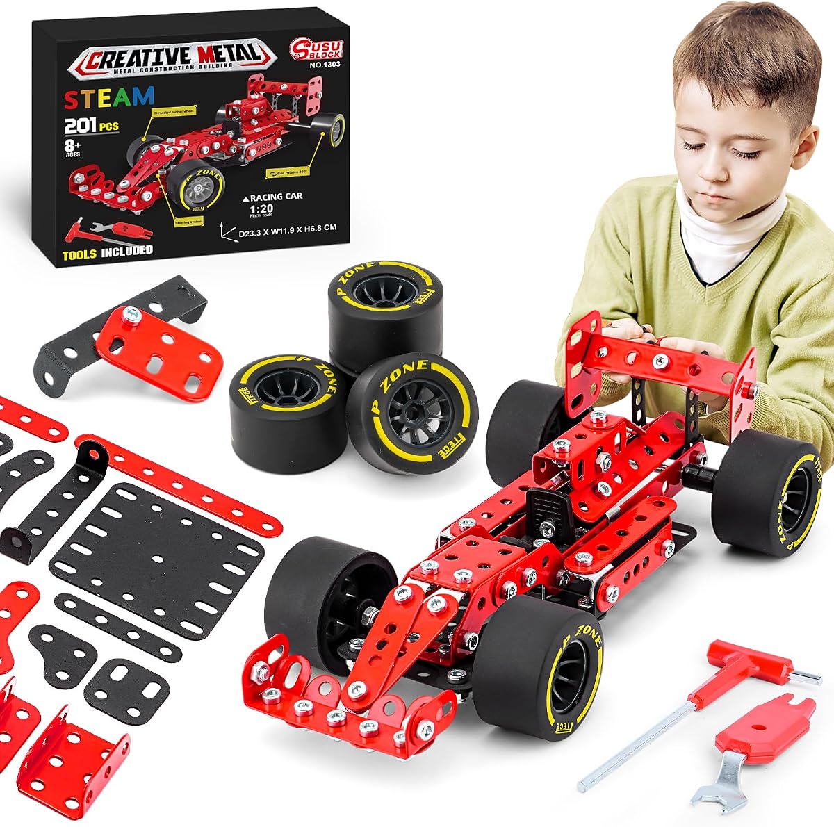 Kits de modelos de metal para coches de construcción, juguetes de construcción STEM, kits de modelos de coches para niños de 8 a 12 años, juegos de montaje a escala 1:20, bloques de construcción de metal para coches de carreras rojos para niños de 8, 9, 10, 11, 12 a 16 años