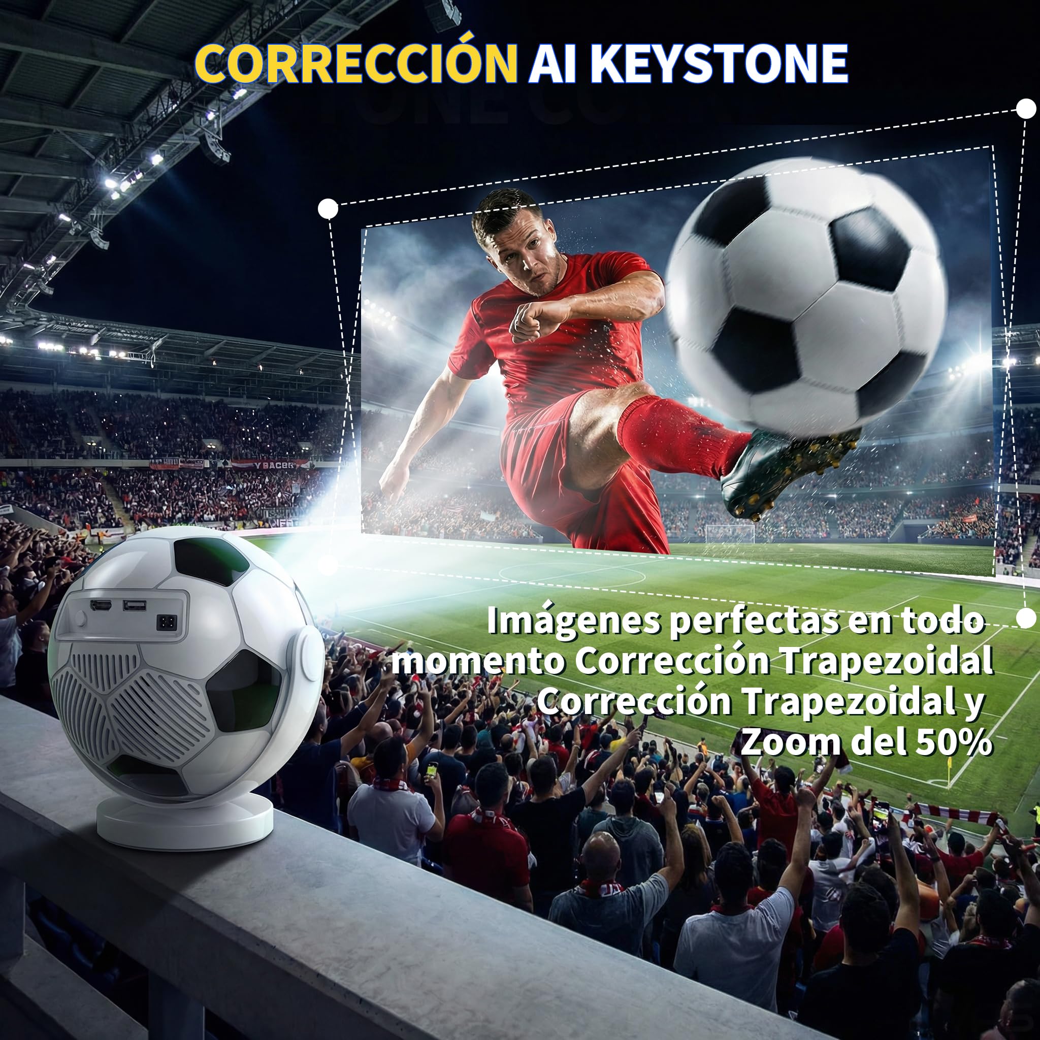 [Built-in Apps & 2026 Football Proyector] Mini Proyector Support 4K 1280P with WiFi 6 and Bluetooth 5.4, Auto Keystone 360° Rotatable Projector Portable Compatibile with HDMI/TV Stick/USB - White