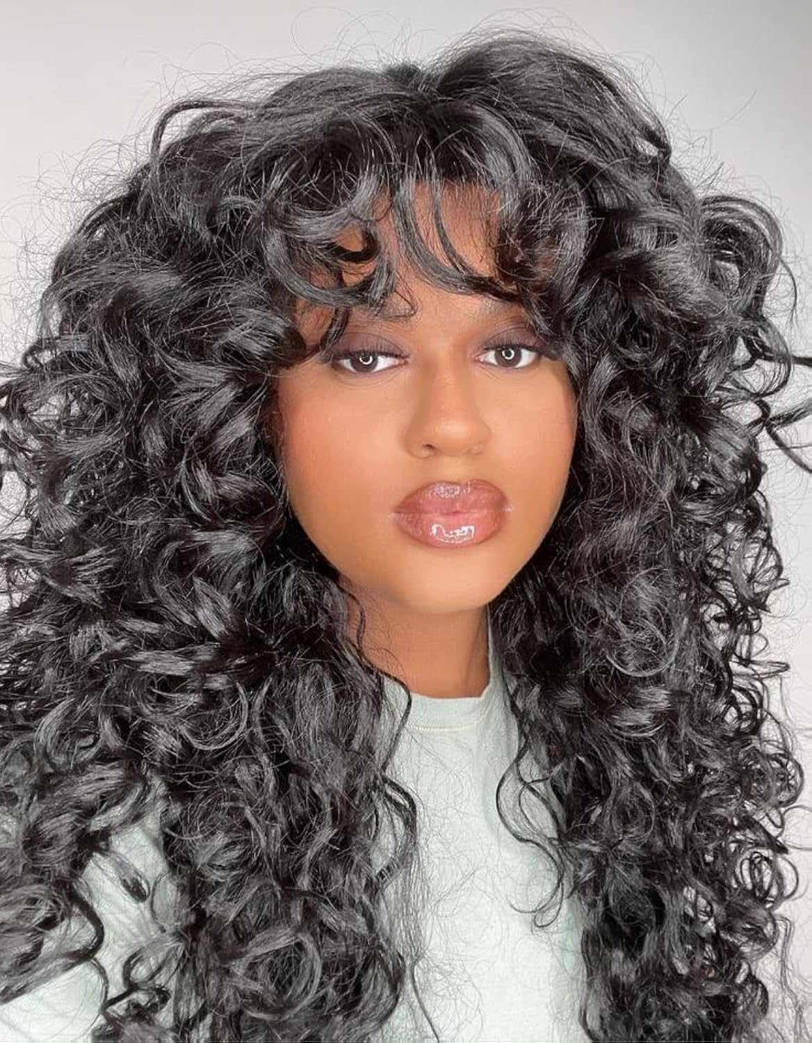 ANNIVIA 17inch Curly Wig with Bangs for Black Women Kinky Long Curly Shag Synthetic Hair Wigs Daily Use Cosplay (Black)