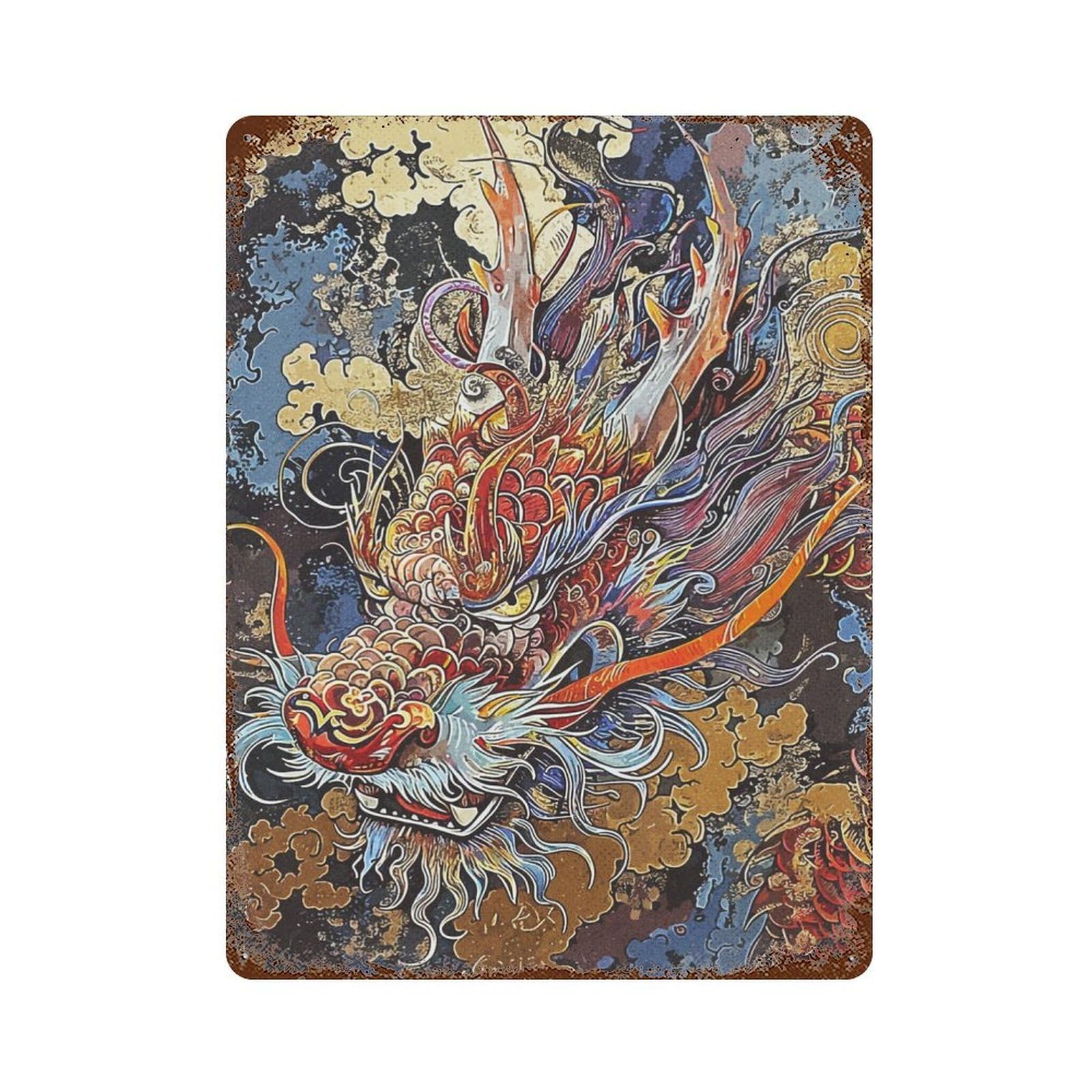 Rust Effect Abstract Dragon Chinese Vintage Rust Metal Sign 15.7"x11.8", Classic Wall Plaque for Shed, Workshop And Garage Wall Decor