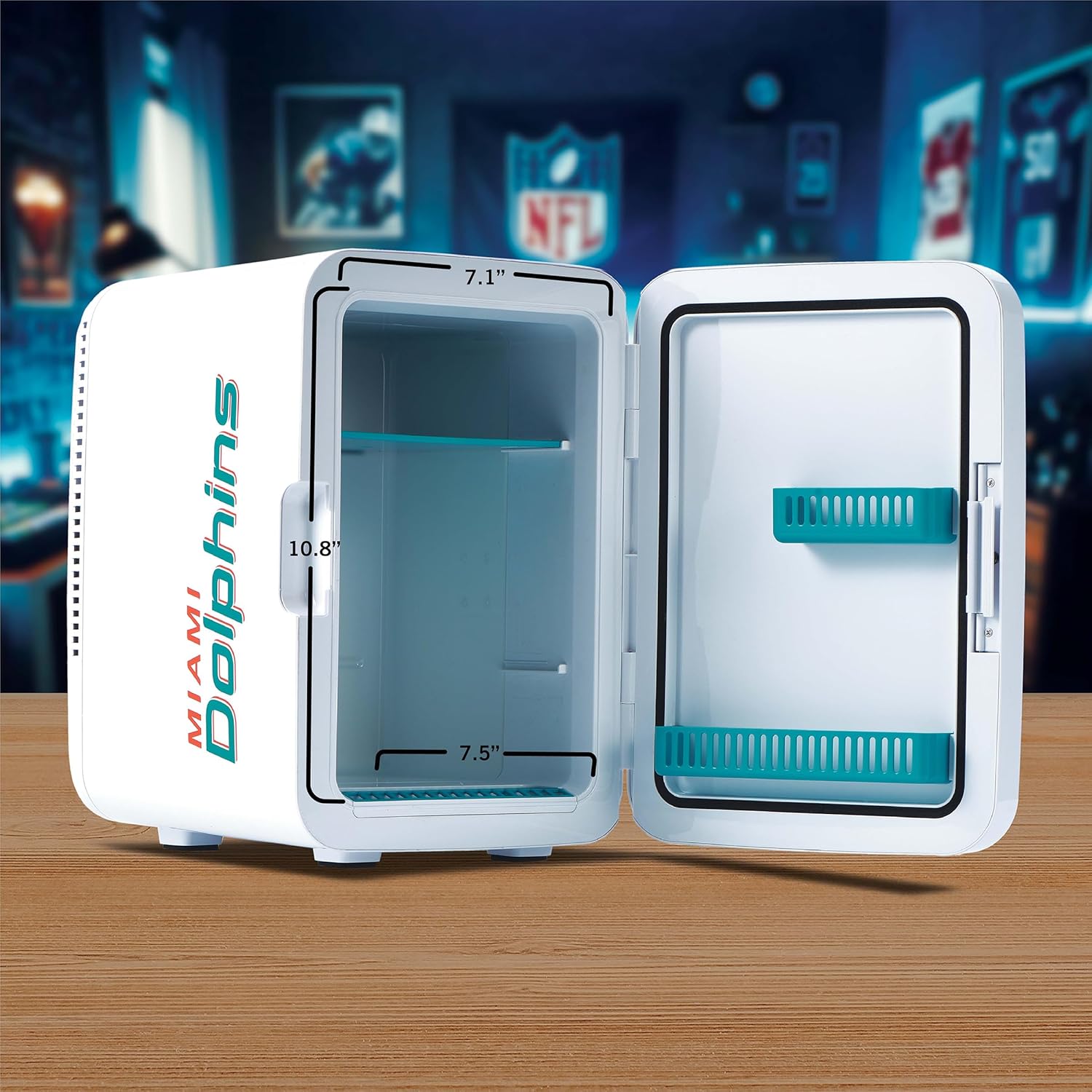 Ukonic NFL Miami Dolphins 15-Can Mini Fridge 10L – AC/DC Powered, Official Team Colors & Logo, Portable Cooler for Tailgates, Home, Office, or Car