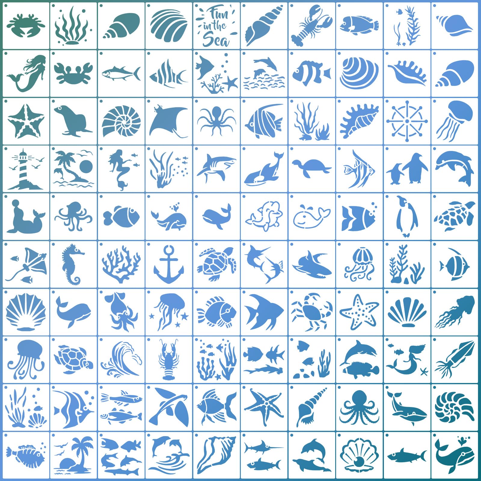 2 x 2 in Ocean Themed Stencils for Painting,100 Pcs Reusable Paint Stencil Small Drawing Templates for DIY Crafts Scrapbook Holiday Wall Paper