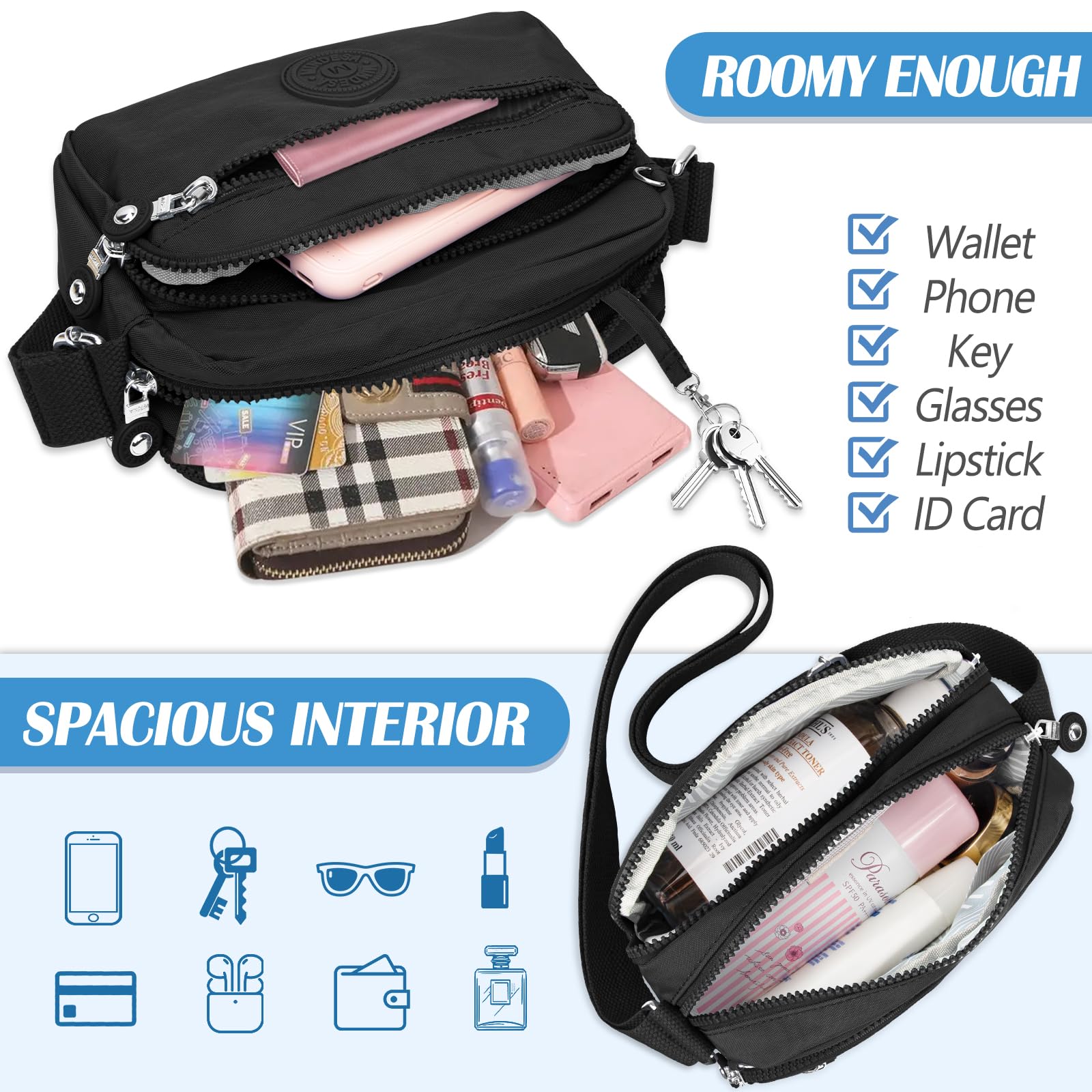 TEUEN Casual Borsa Tracolla Donna, Borsa a Spalla Borsetta in Nylon Impermeabile Crossbody Messaggero Borsa con Tracolla Regolabile Multitasche per Lavoro Sportiva Scuola Viaggio