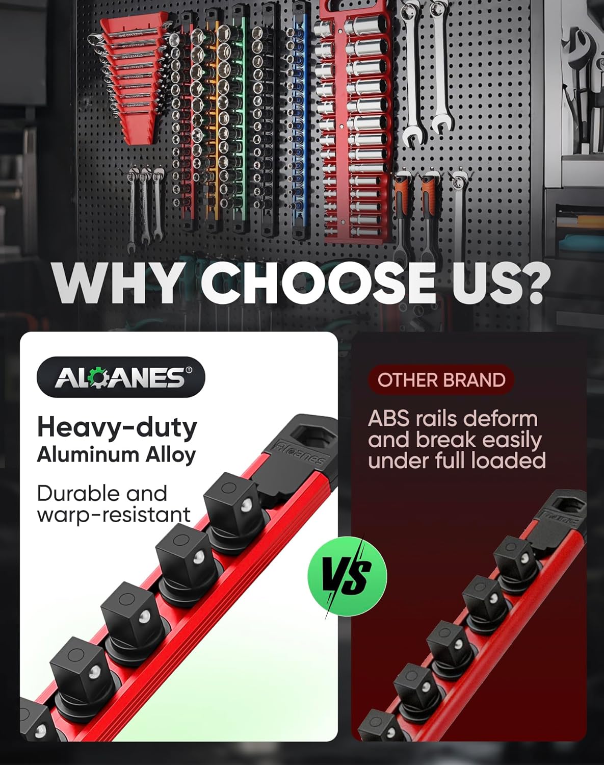 ALOANES Magnetic Socket Organizer Set, 6PC Heavy Duty Aluminum Socket Holder Organizer, 360° Swivel Clips Socket Holder Kit for Toolbox Drawer Fit 1/2, 3/8, 1/4-Inch x 80 Clips (Red, 6PC)