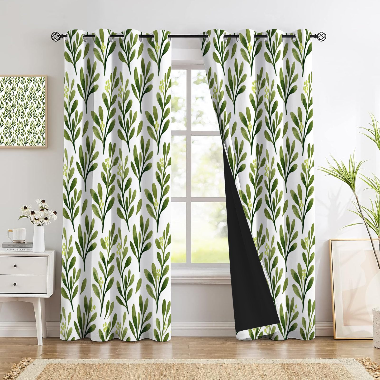 Panneaux rideau salon thème plantes vertes imprimé branches feuilles vert olive 140x225 cm