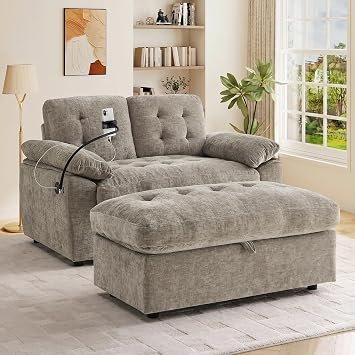 Oversized Chaise Lounge Reading Chair with Phone Holder, Small Chenille Convertible Loveseat Sofa Bed with USB & Type-C Charging Ports, Comfy Recliner with Storage Ottoman for Living Room , Brown