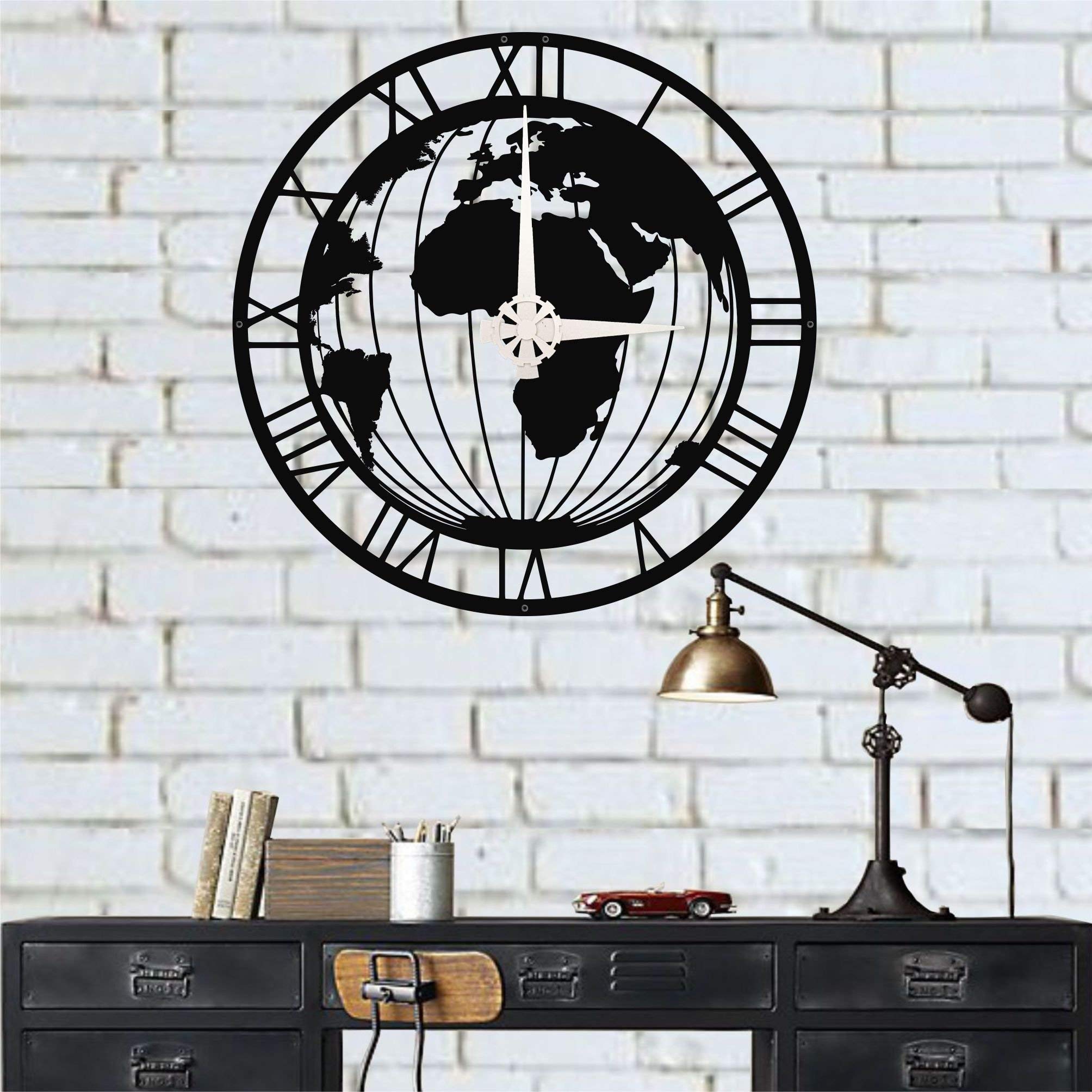 Decoración de pared de metal, reloj de mapa del mundo, decoración del hogar, letrero de pared, reloj de pared de metal, decoración de interiores, colgantes de interior y exterior, reloj (70 x 70 cm)